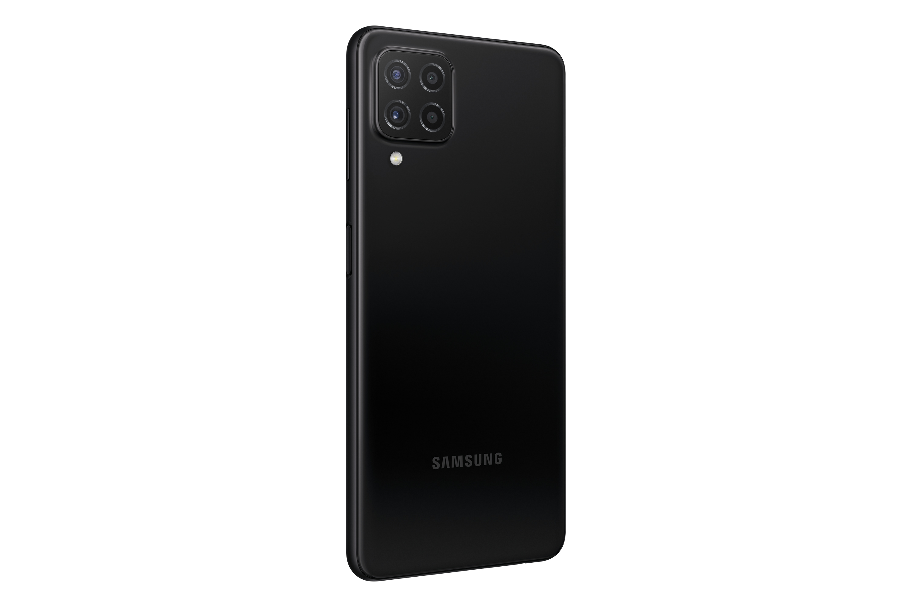 Rückseite eines schwarzen Smartphones mit vier Kameralinsen und dem Samsung-Logo.