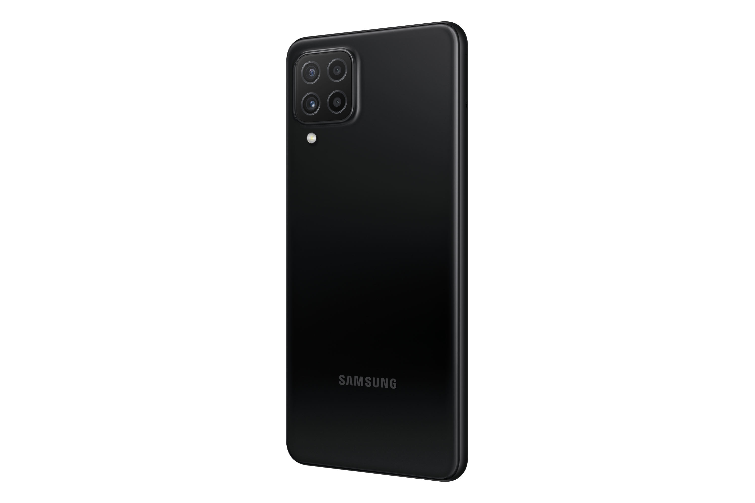 Rückseite eines schwarzen Smartphones. Drei Kameralinsen, Samsung-Logo unten.