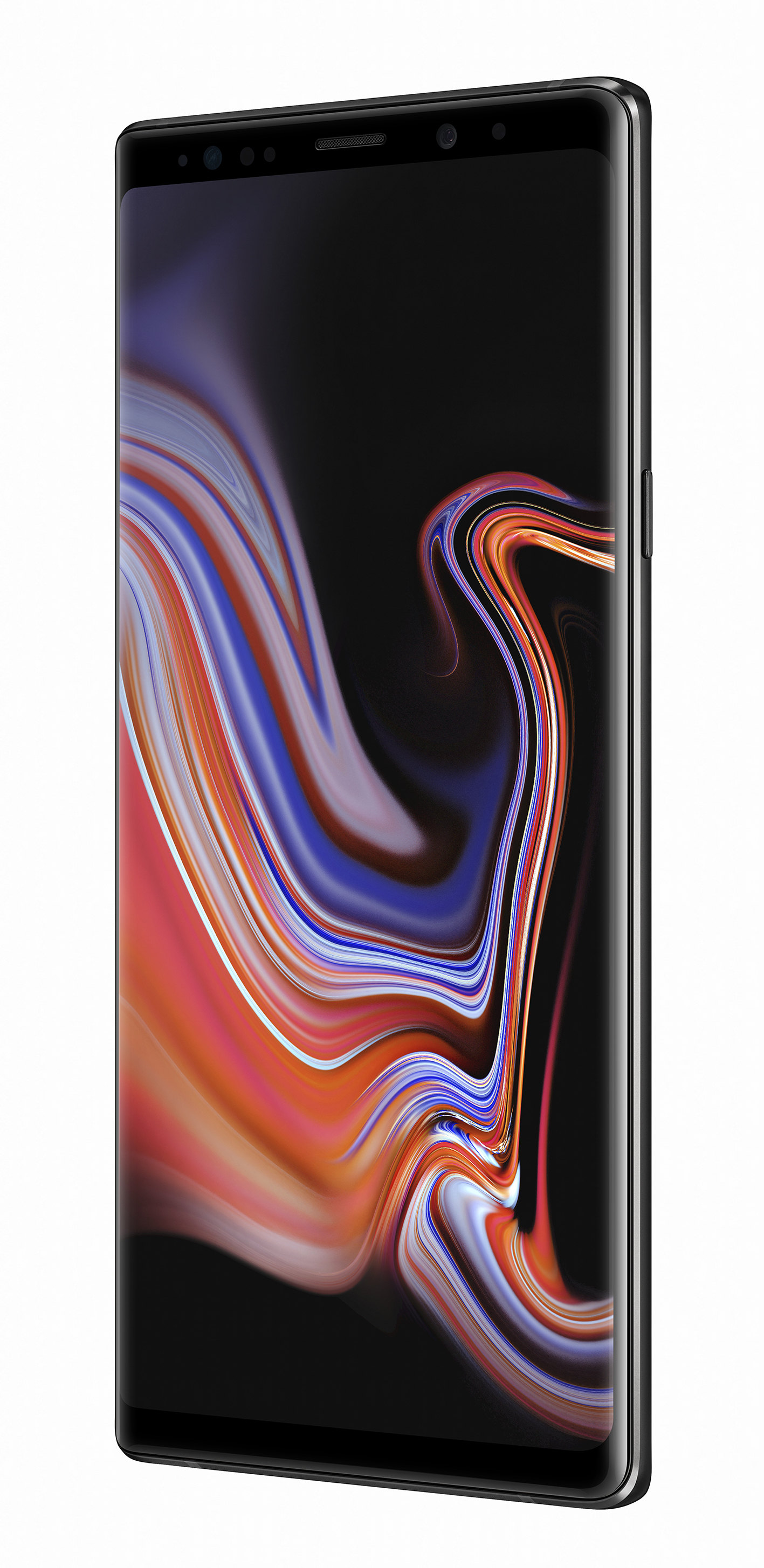 Smartphone mit geschwungenem Bildschirm, buntes abstraktes Bild. Der Bildschirm hat ein schlankes Design.