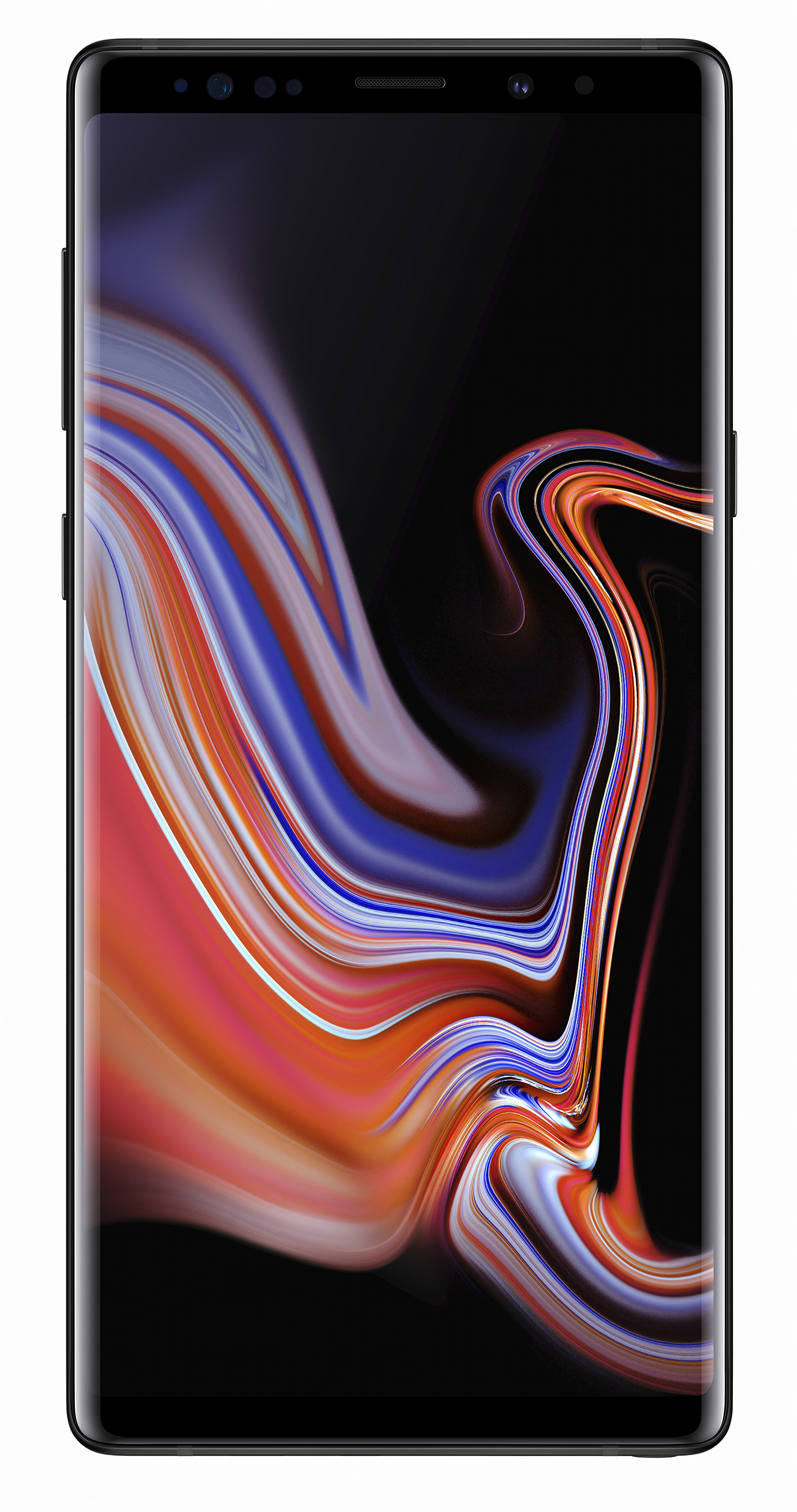 Ein schwarzes Telefon mit gebogenem Bildschirm. Der Bildschirm zeigt einen farbenfrohen Hintergrund.