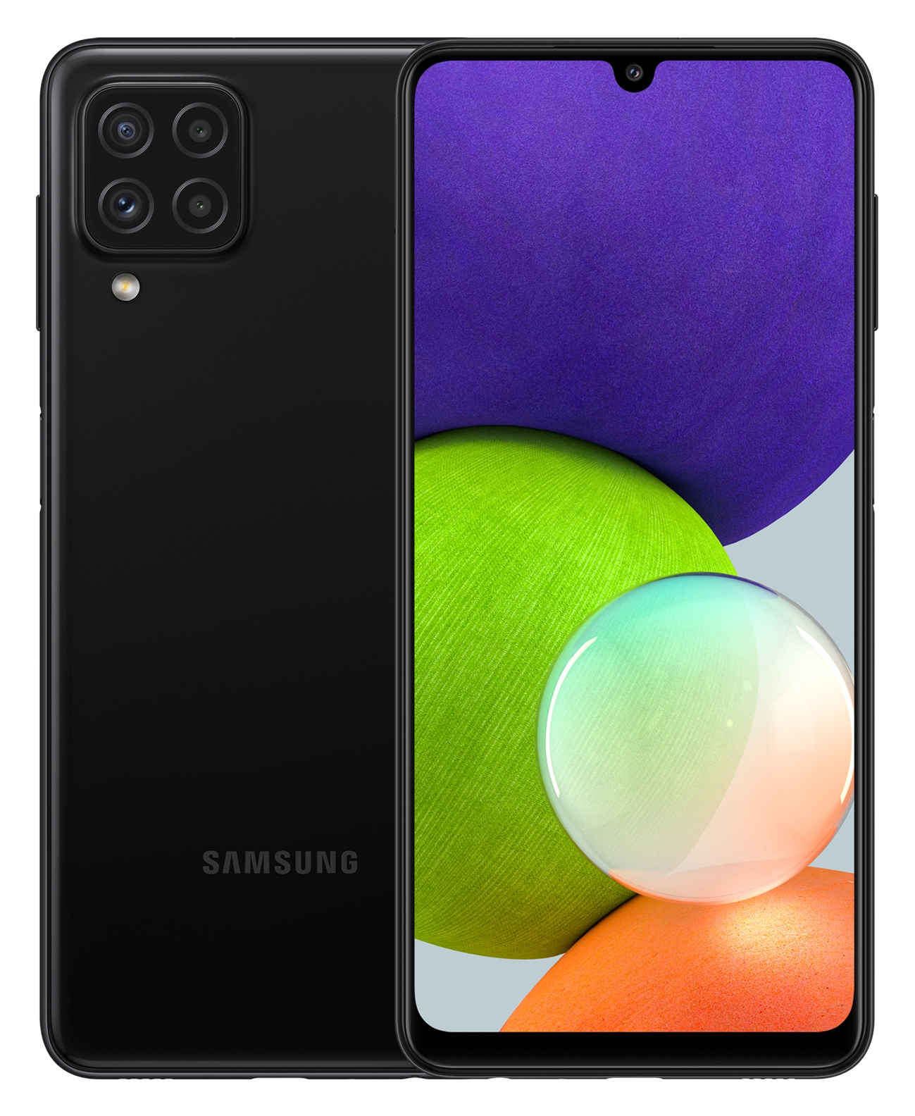 Schwarzes Smartphone, Rück- und Vorderansicht. Abstrakter Hintergrund auf dem Bildschirm.