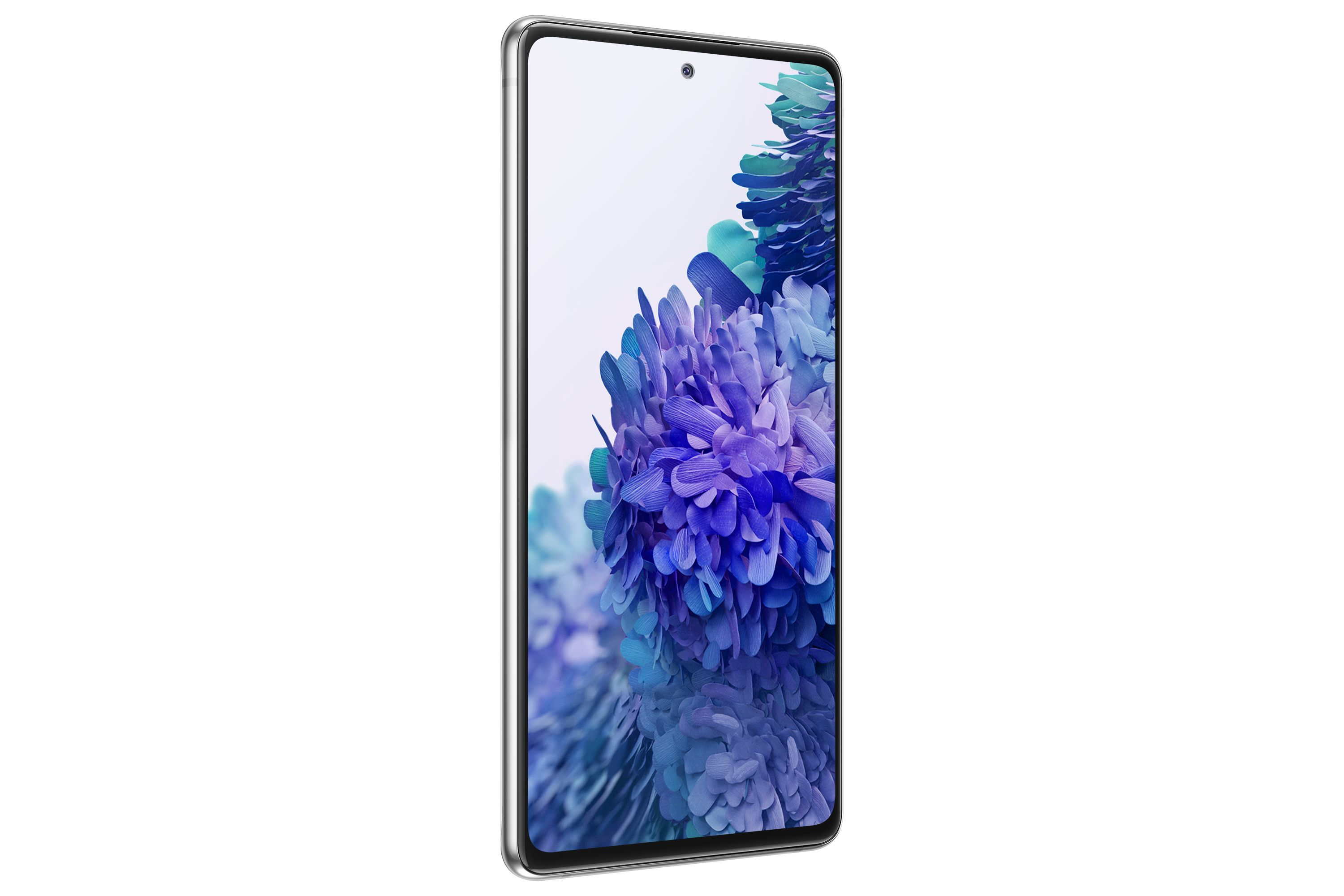 Silbernes Smartphone mit blütenartigem Display.