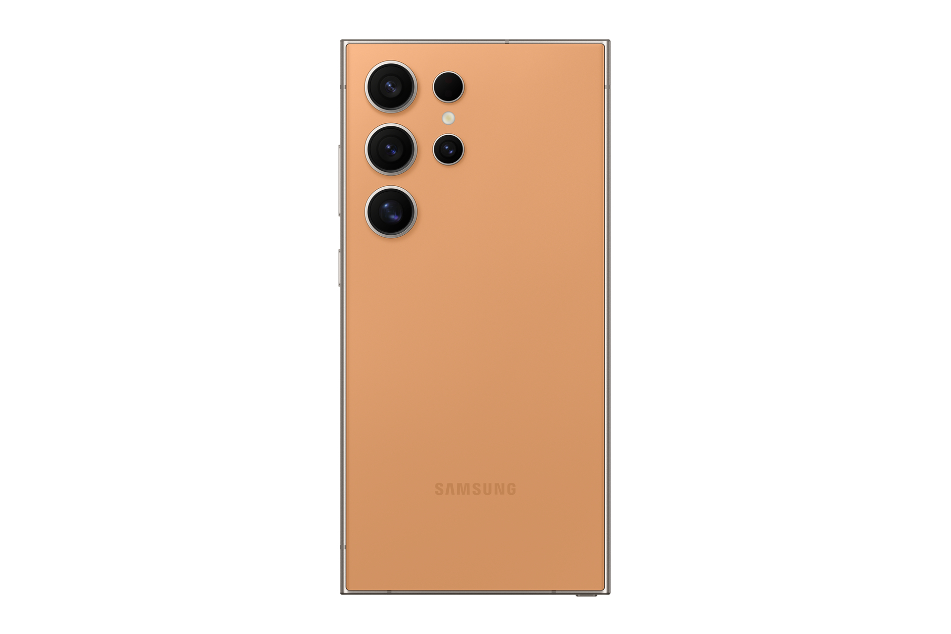 Pomarańczowy tył smartfona z aparatami. Posiada wiele obiektywów i logo Samsunga.