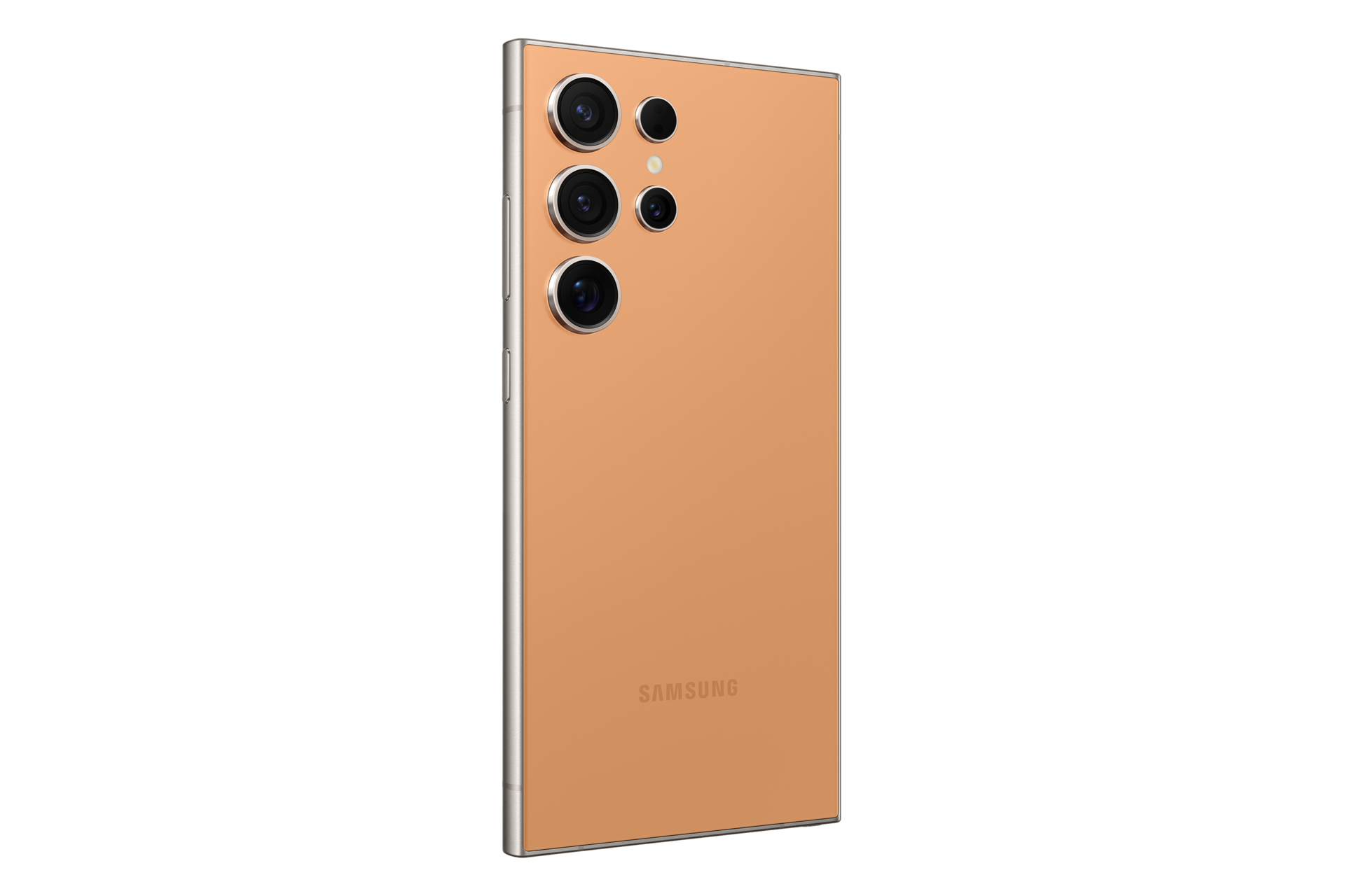 Tył pomarańczowego smartfona z wieloma aparatami. Logo SAMSUNG na dole. Elegancki, nowoczesny design.