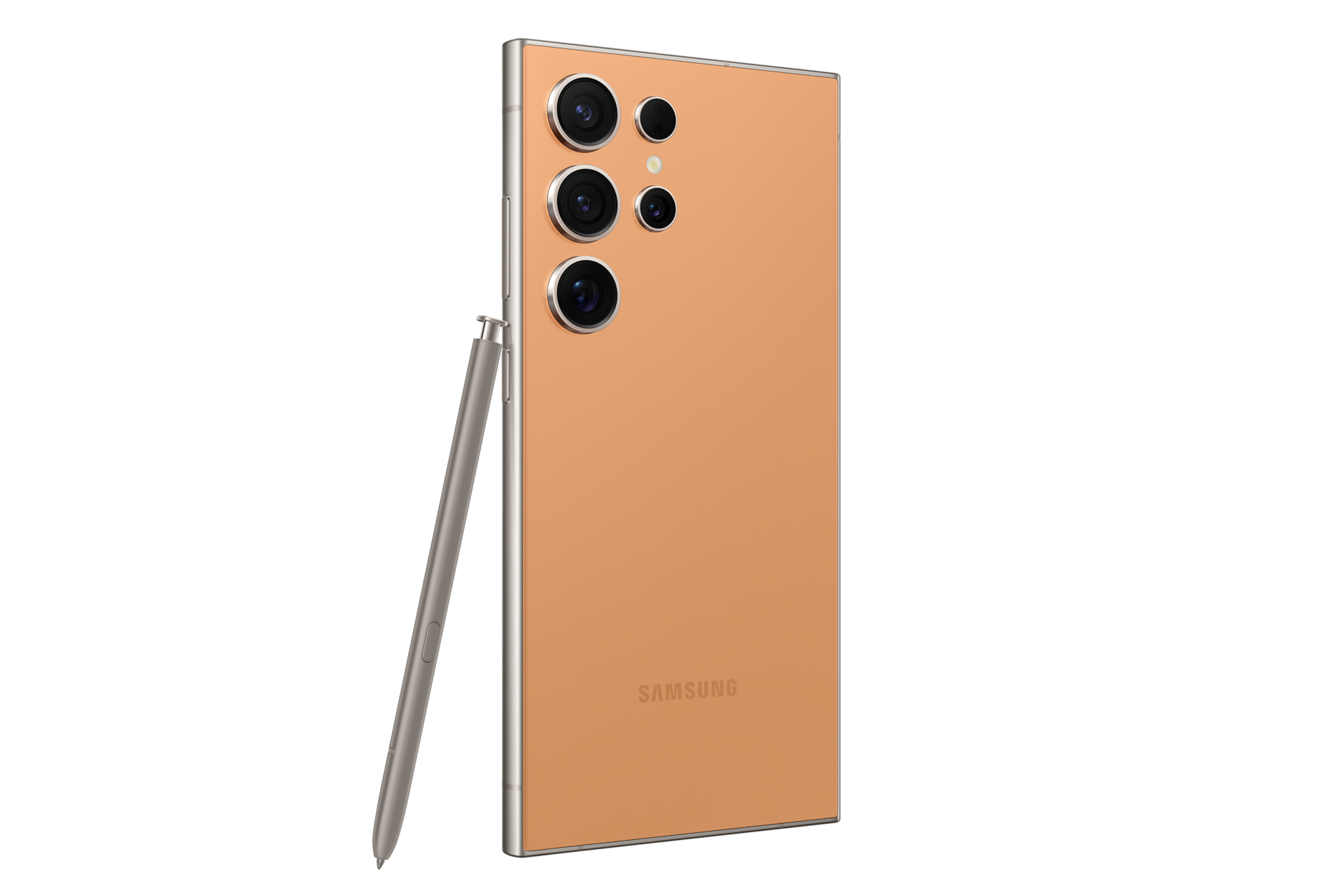 Brązowy smartfon z tyłu, z trzema aparatami i rysikiem. Logo Samsunga jest widoczne.