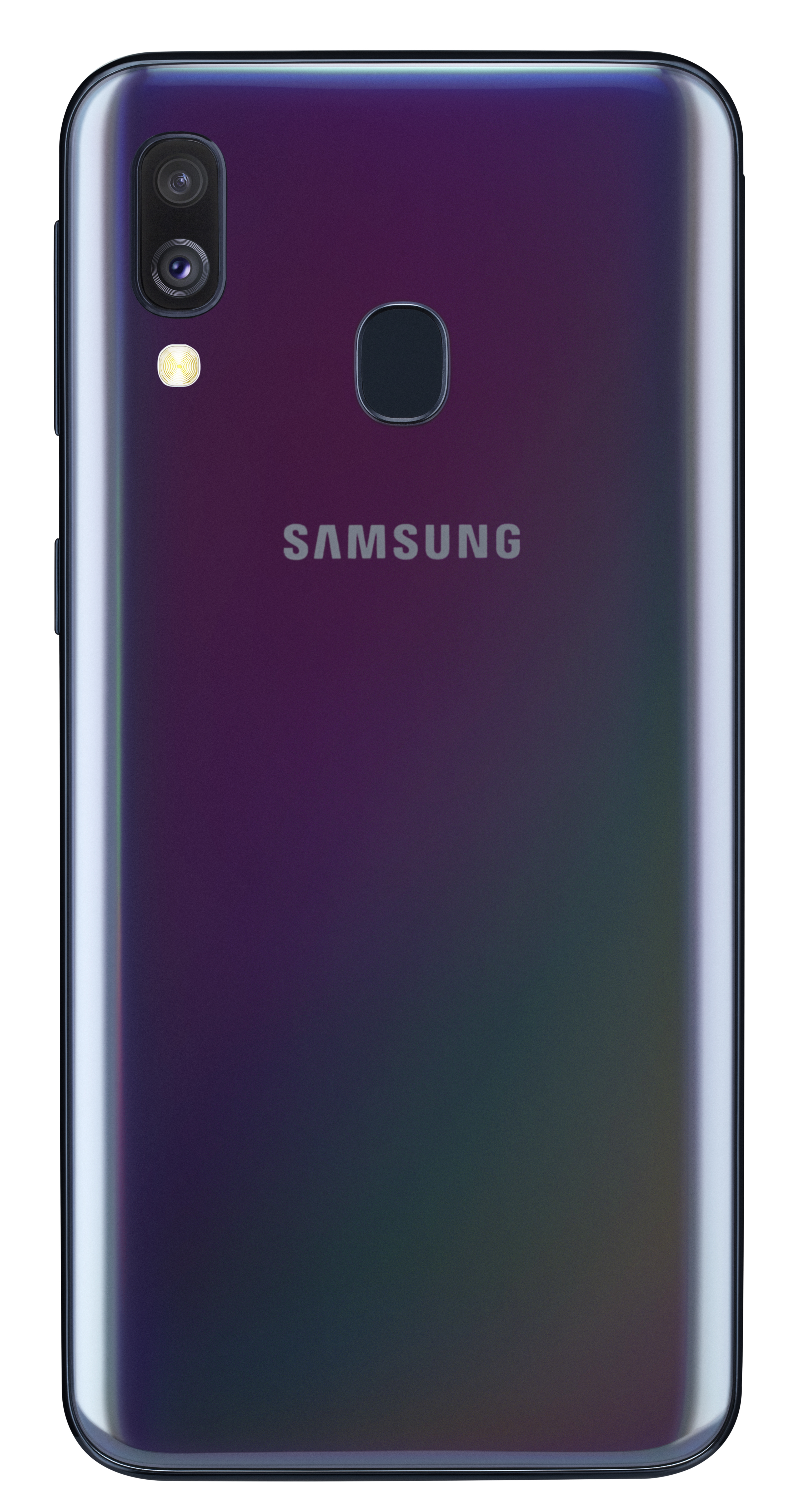Il retro di un telefono Samsung con finitura viola sfumata, doppia fotocamera e logo Samsung.