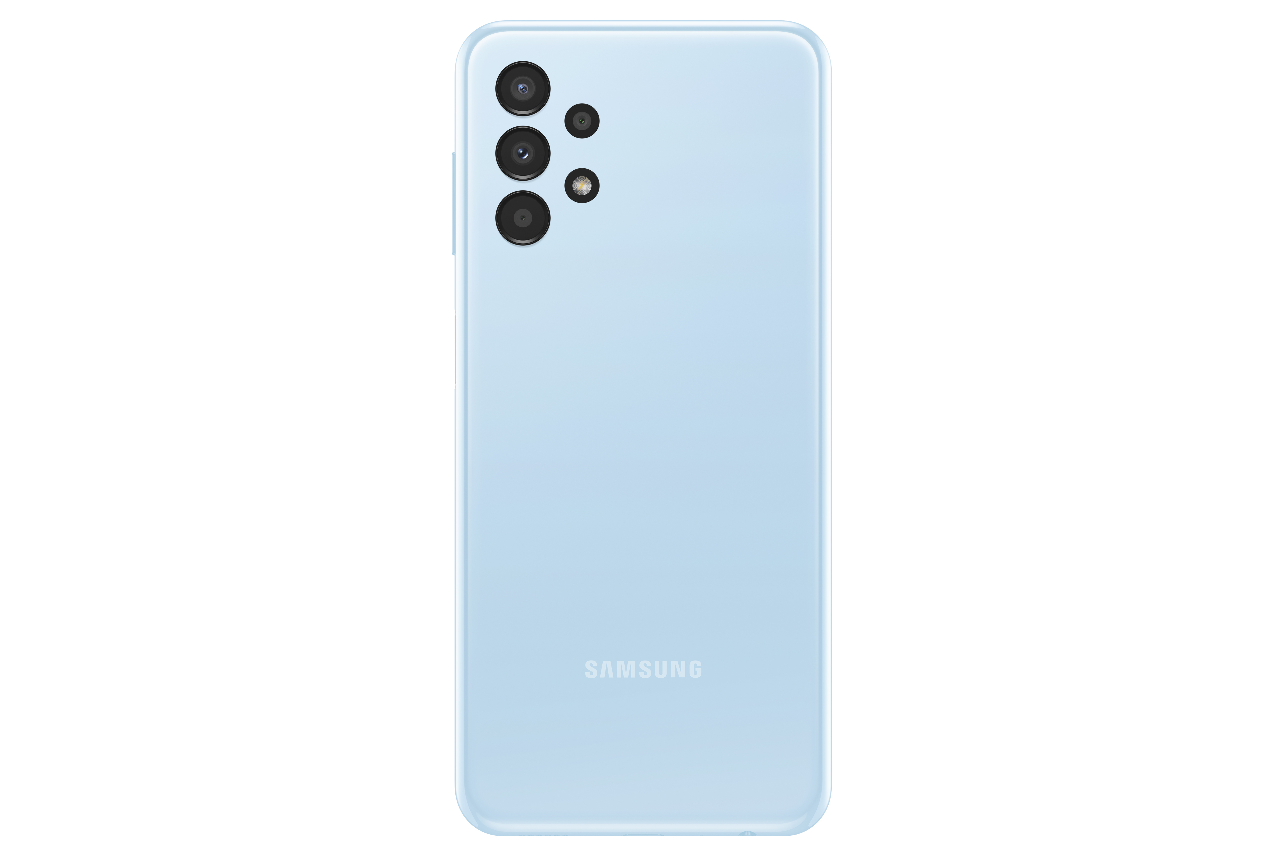 Tył jasnoniebieskiego telefonu Samsung z trzema pionowo ułożonymi kamerami i logo 'SAMSUNG' na dole.