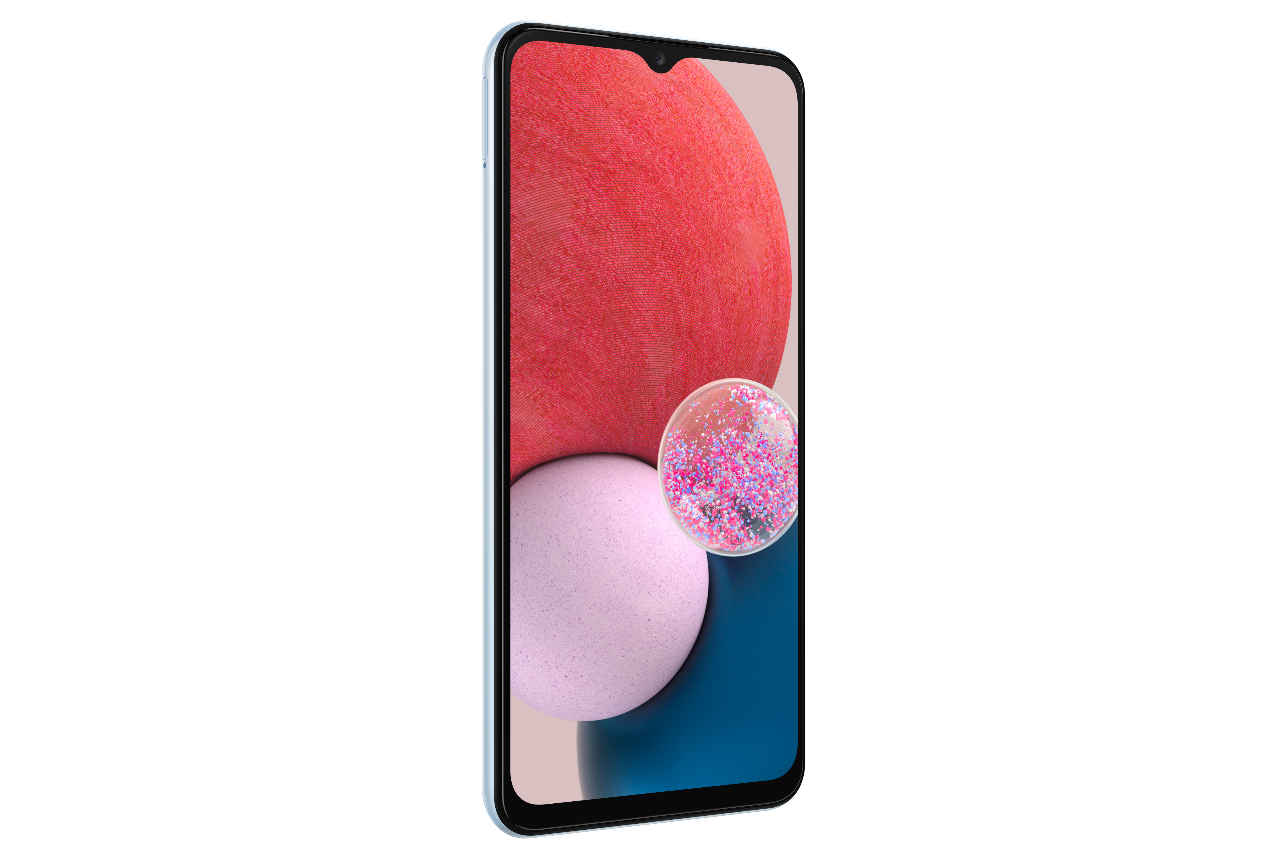 Telefon Samsung z czerwonymi, jasnoróżowymi i niebieskimi grafikami na wyświetlaczu. Ekran jest włączony.