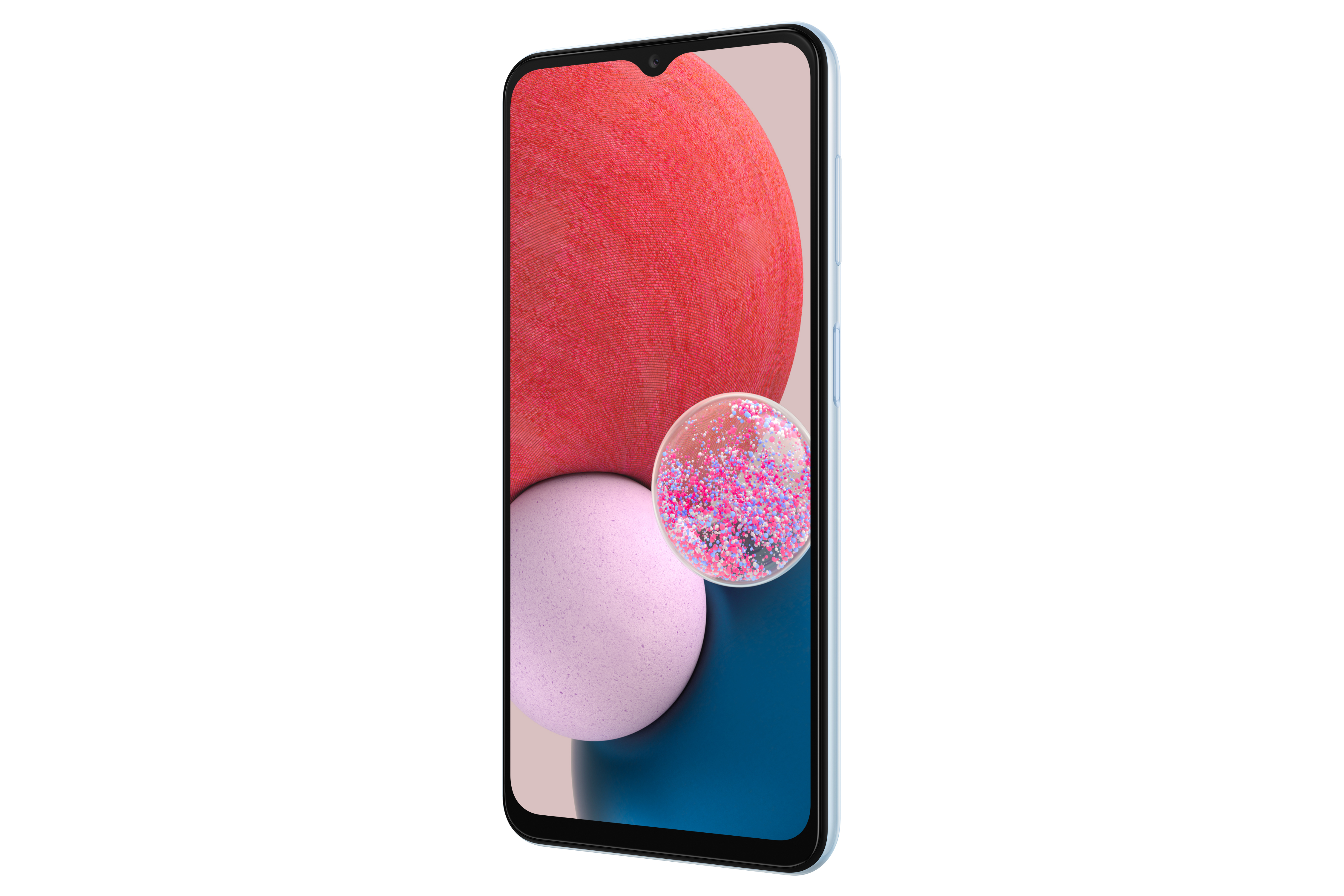 Smartfon z ekranem wyświetlającym kolorowe kształty. Telefon jest jasnoniebieski, na białym tle.