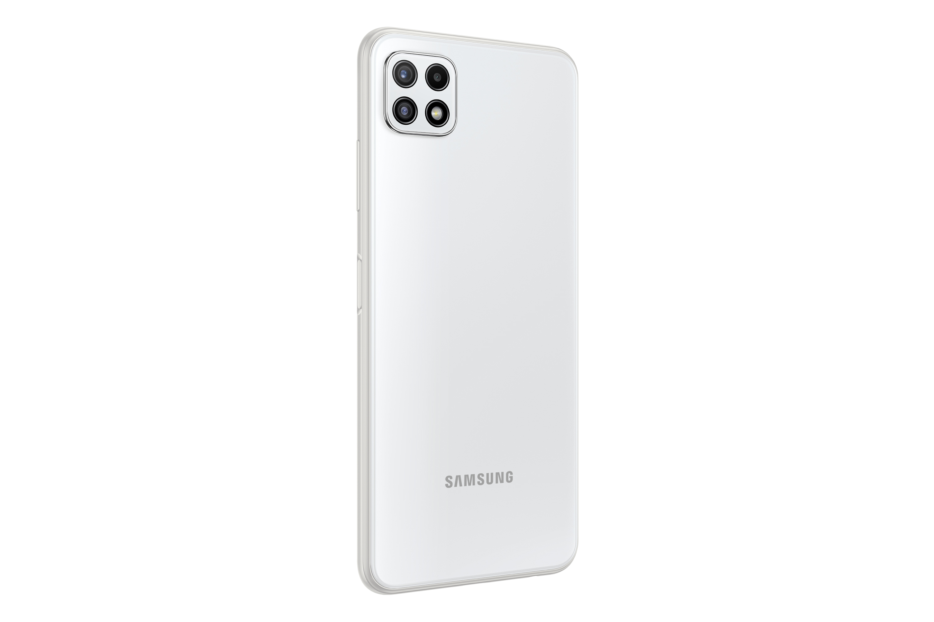 Weißes Smartphone, Rückansicht, mit vier Kameras und Samsung-Logo.