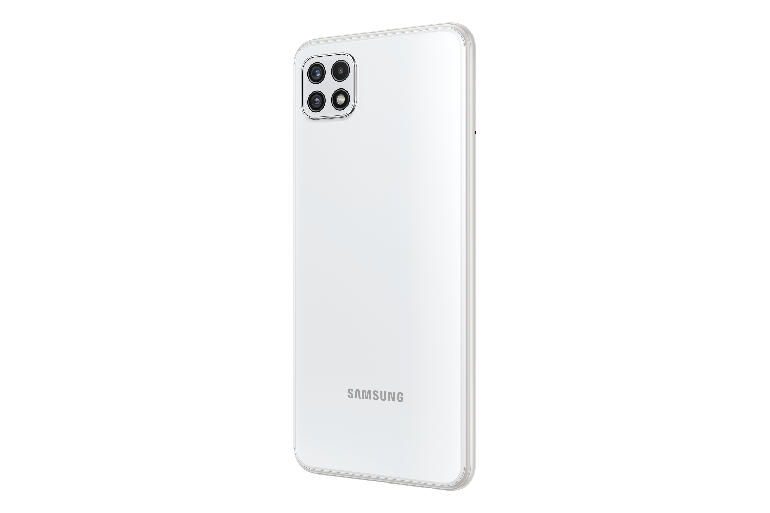 Weißes Samsung-Telefon, Rückansicht, mit Kameras. Weißer Hintergrund.