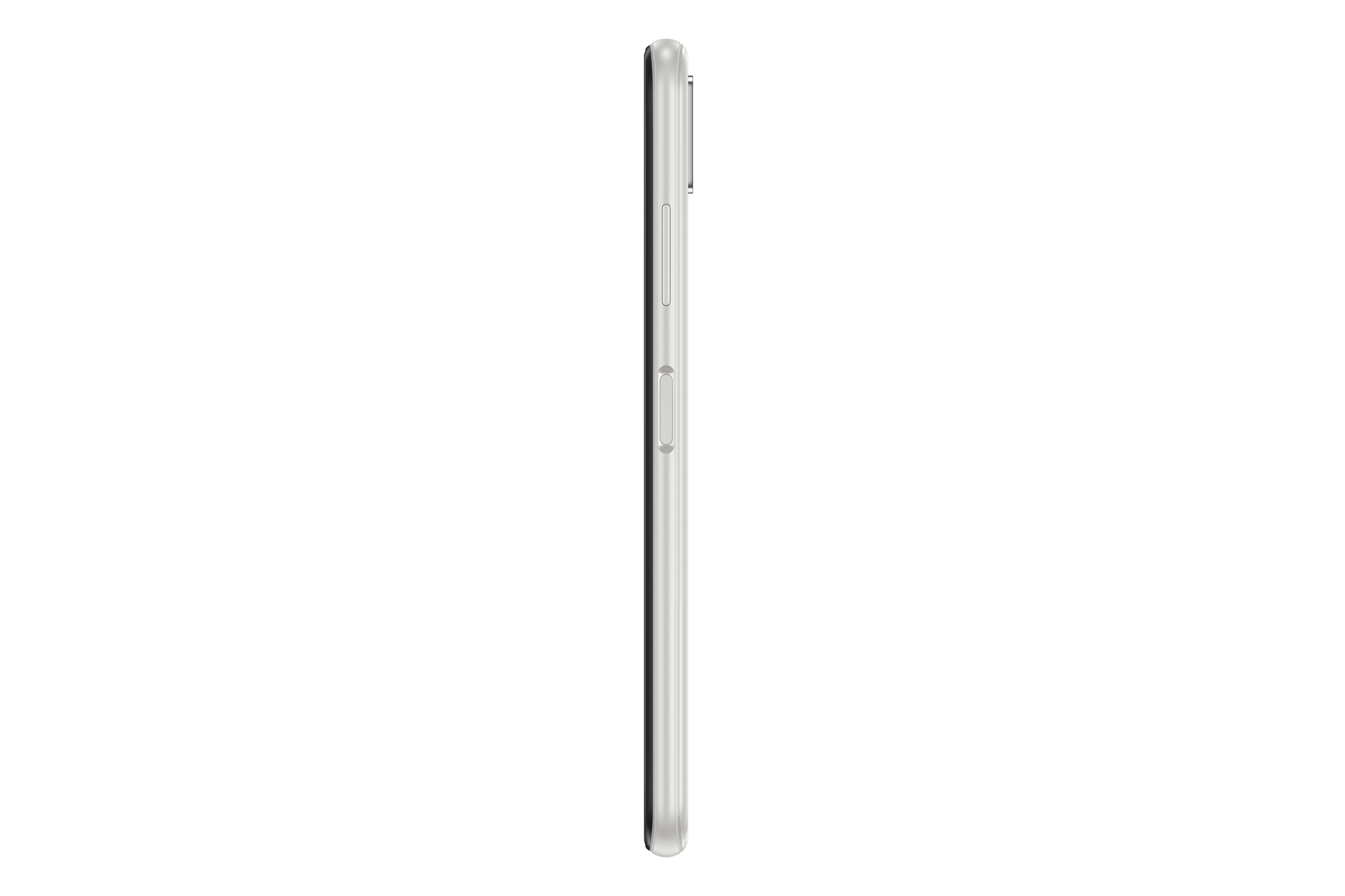 Seitenansicht eines weißen Smartphones auf weißem Hintergrund.