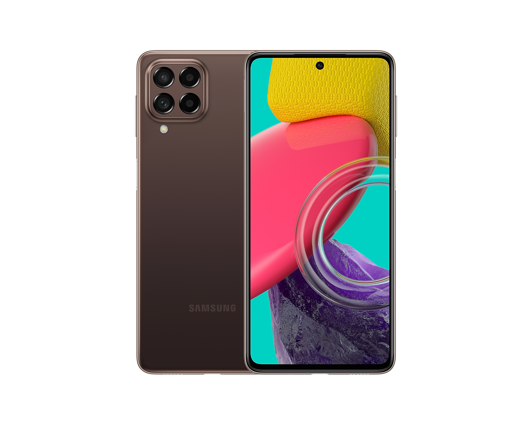 Teléfono marrón con pantalla colorida y conjunto de cámaras traseras.
