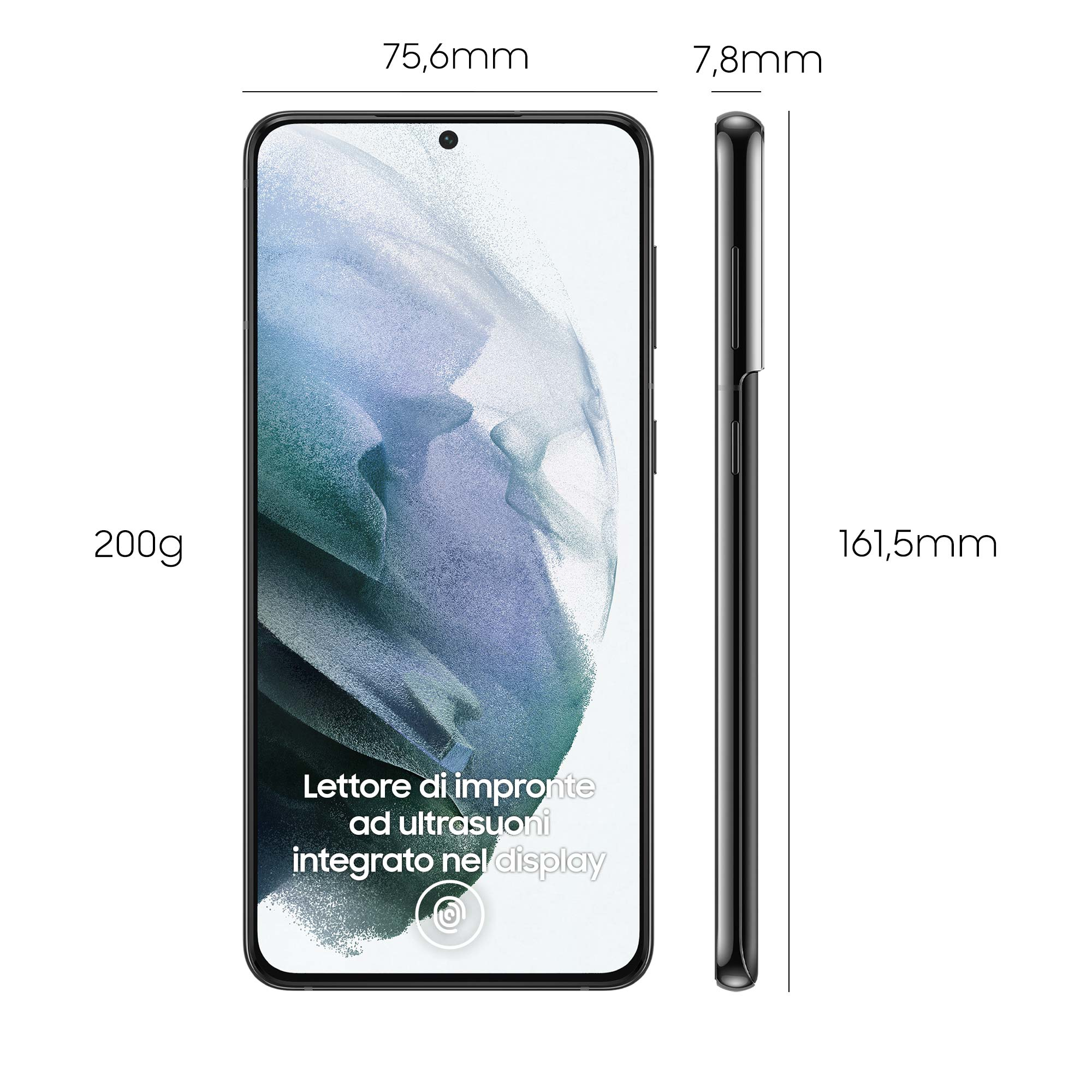 Smartphone mostrando vistas frontal y lateral, dimensiones y un icono de sensor de huellas.