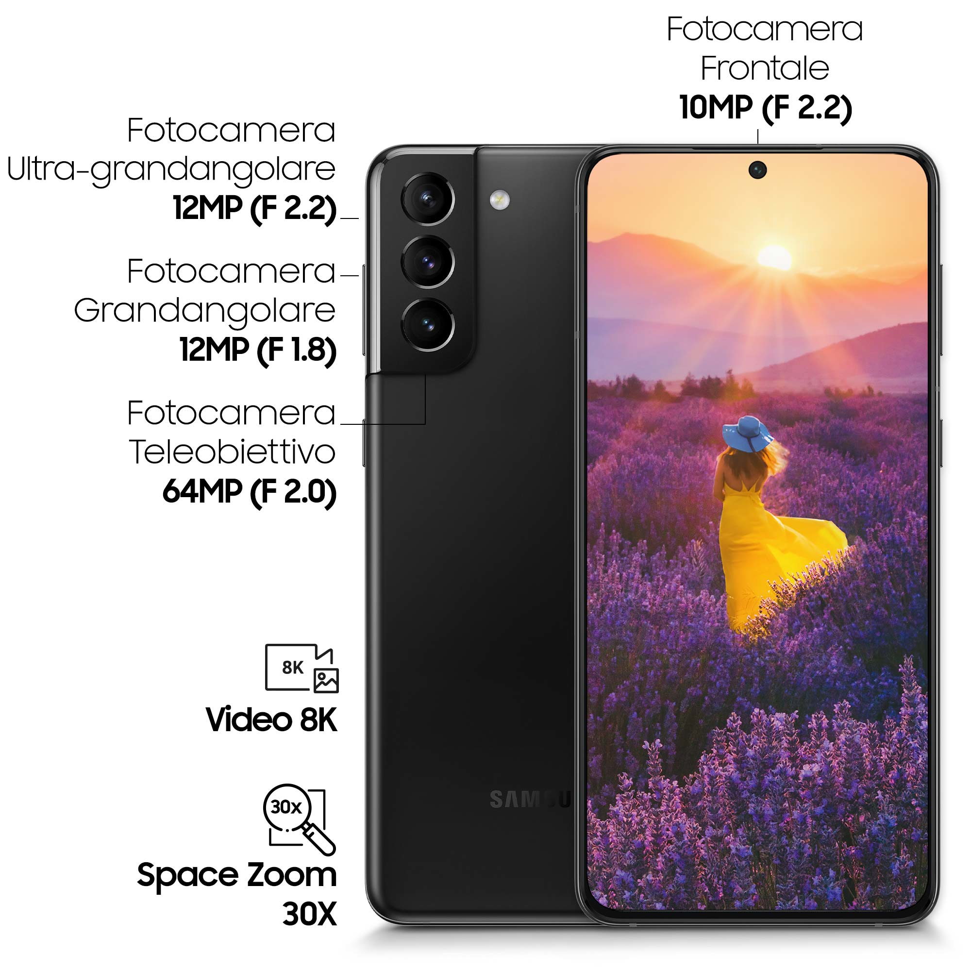 Smartphone negro, vista trasera y frontal. Trasera con cámaras, frontal con mujer en campo.