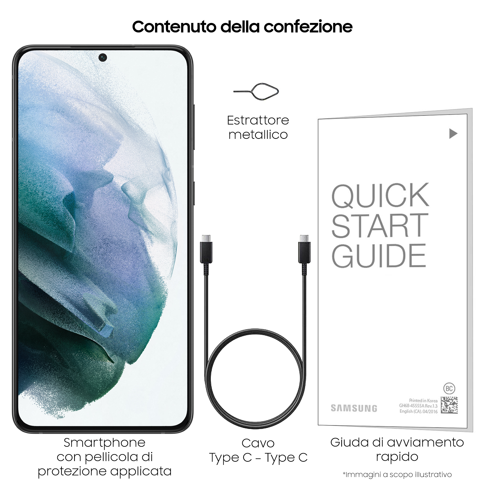 Smartphone, cable, herramienta SIM y guía rápida sobre una superficie blanca.