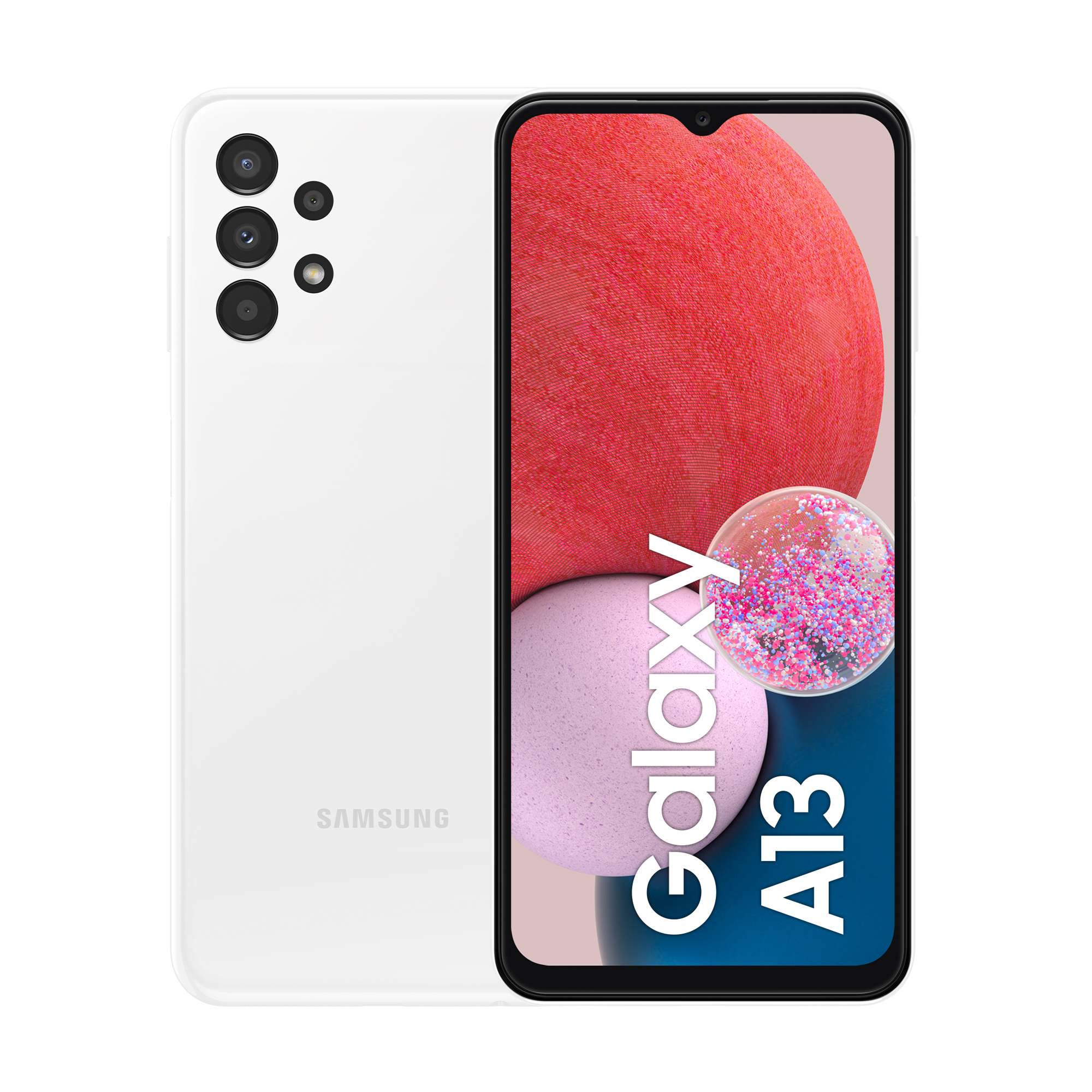 Biały smartfon Samsung Galaxy A13. Widoki z przodu i z tyłu. Ekran wyświetla kolorowy wzór.