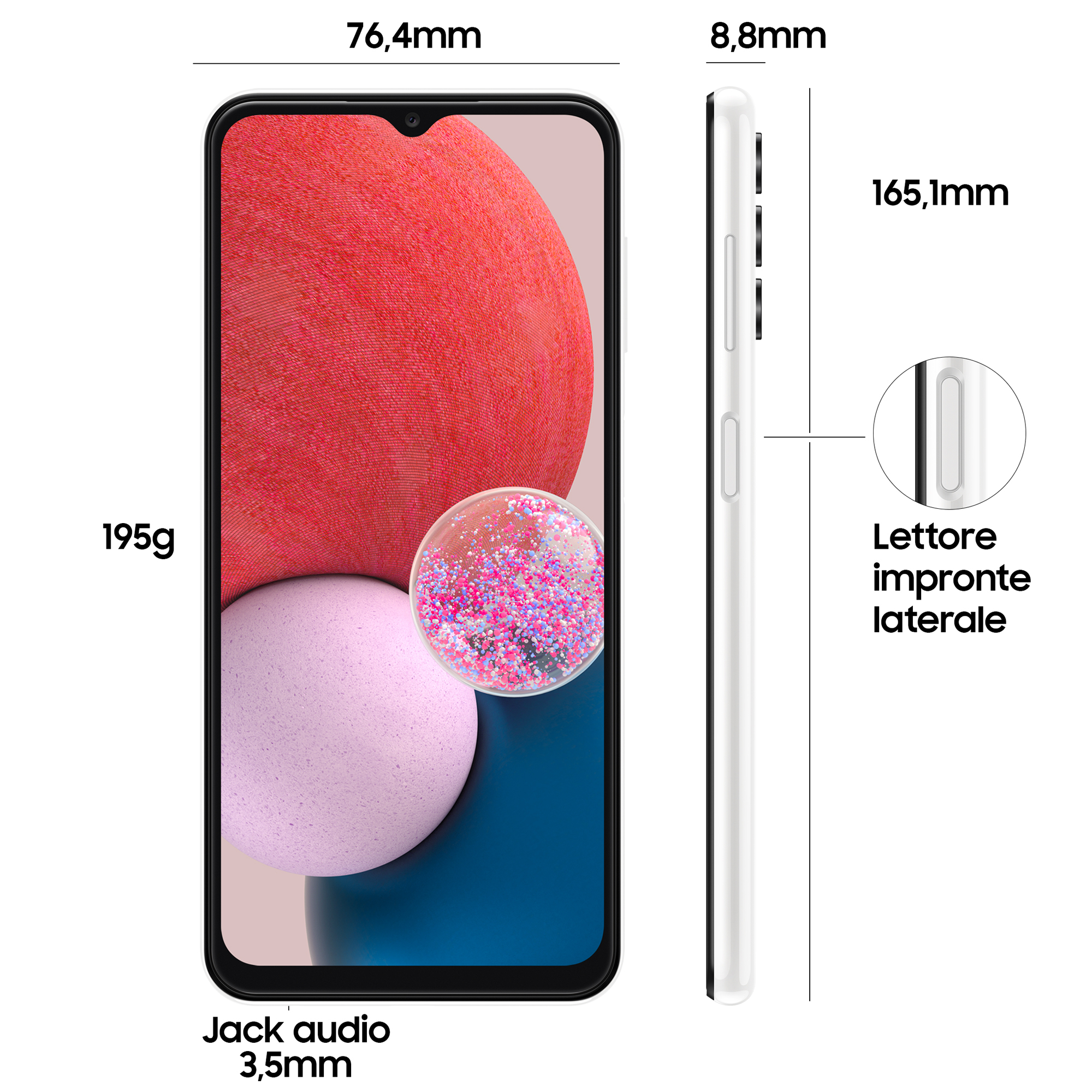 Biały smartfon z wymiarami, widok z profilu bocznego.