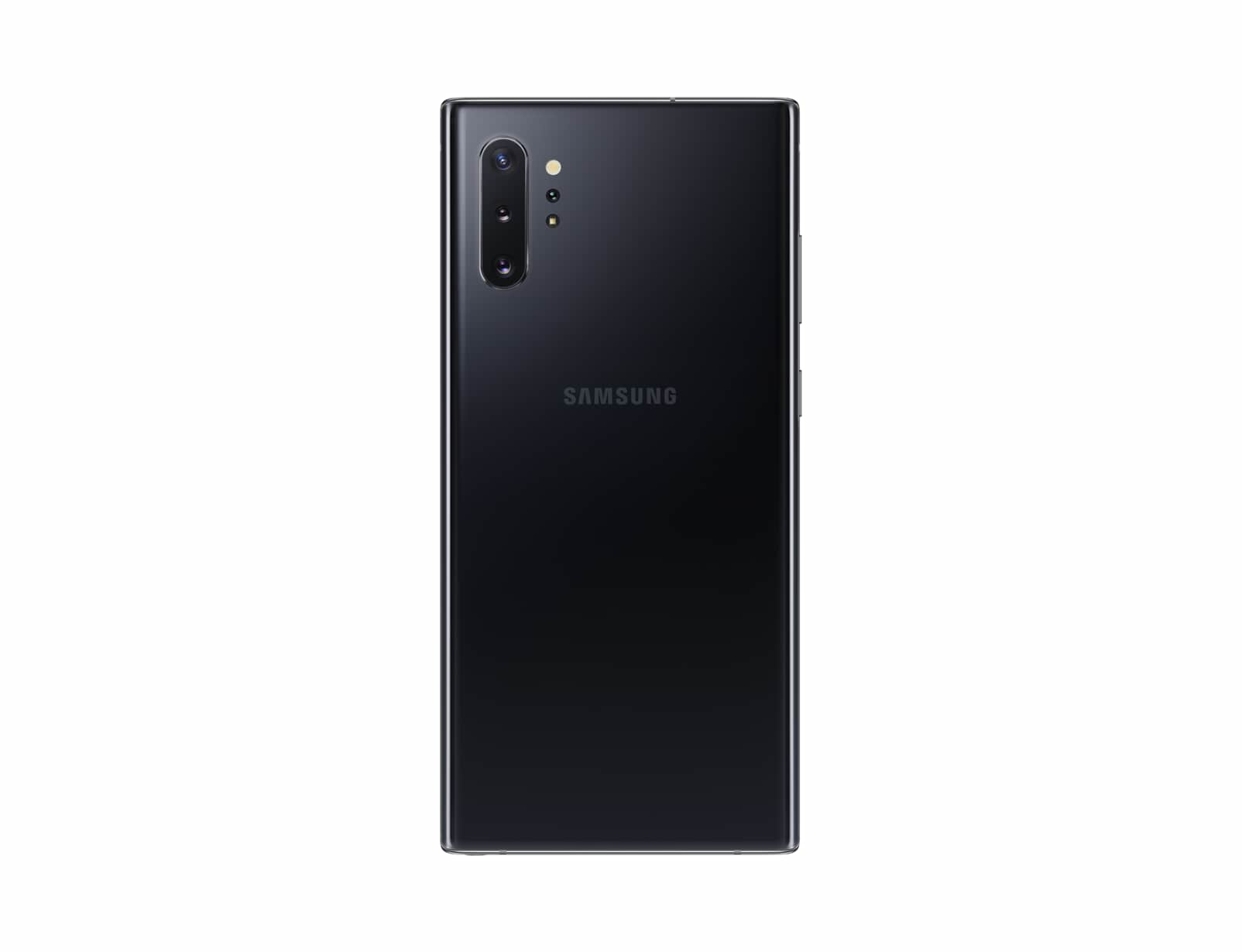 Czarny telefon Samsung z trzema tylnymi aparatami i logo Samsung. Widoczny tył telefonu.