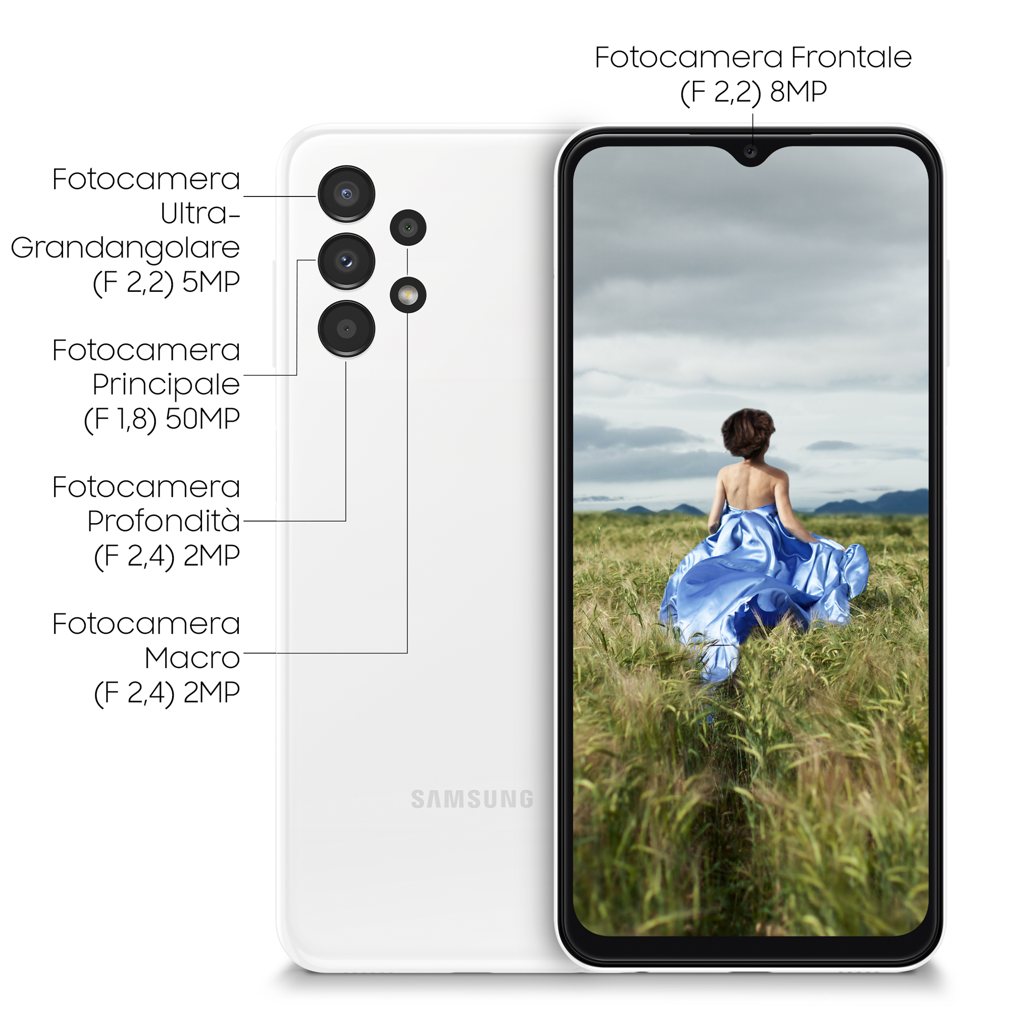 Biały smartfon z wieloma tylnymi aparatami. Ekran pokazuje kobietę w niebieskiej sukience na polu.