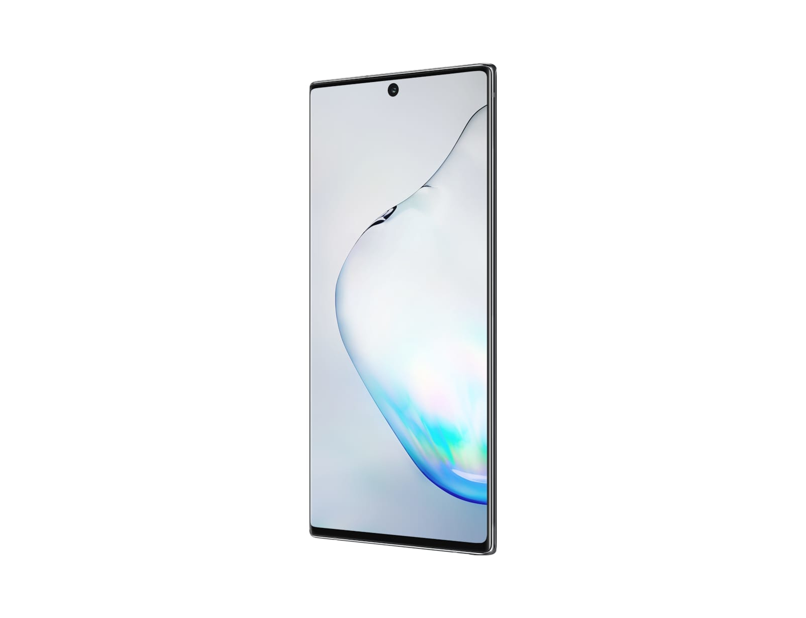 Czarny telefon Samsung z efektem kropli wody na ekranie, pochylony w prawo.