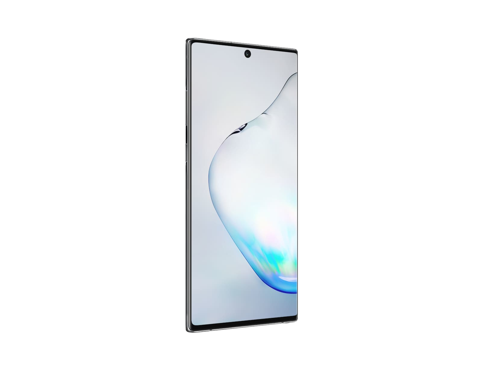 Smartfon z boku, włączony ekran, z zakrzywionym wyświetlaczem. Białe tło.