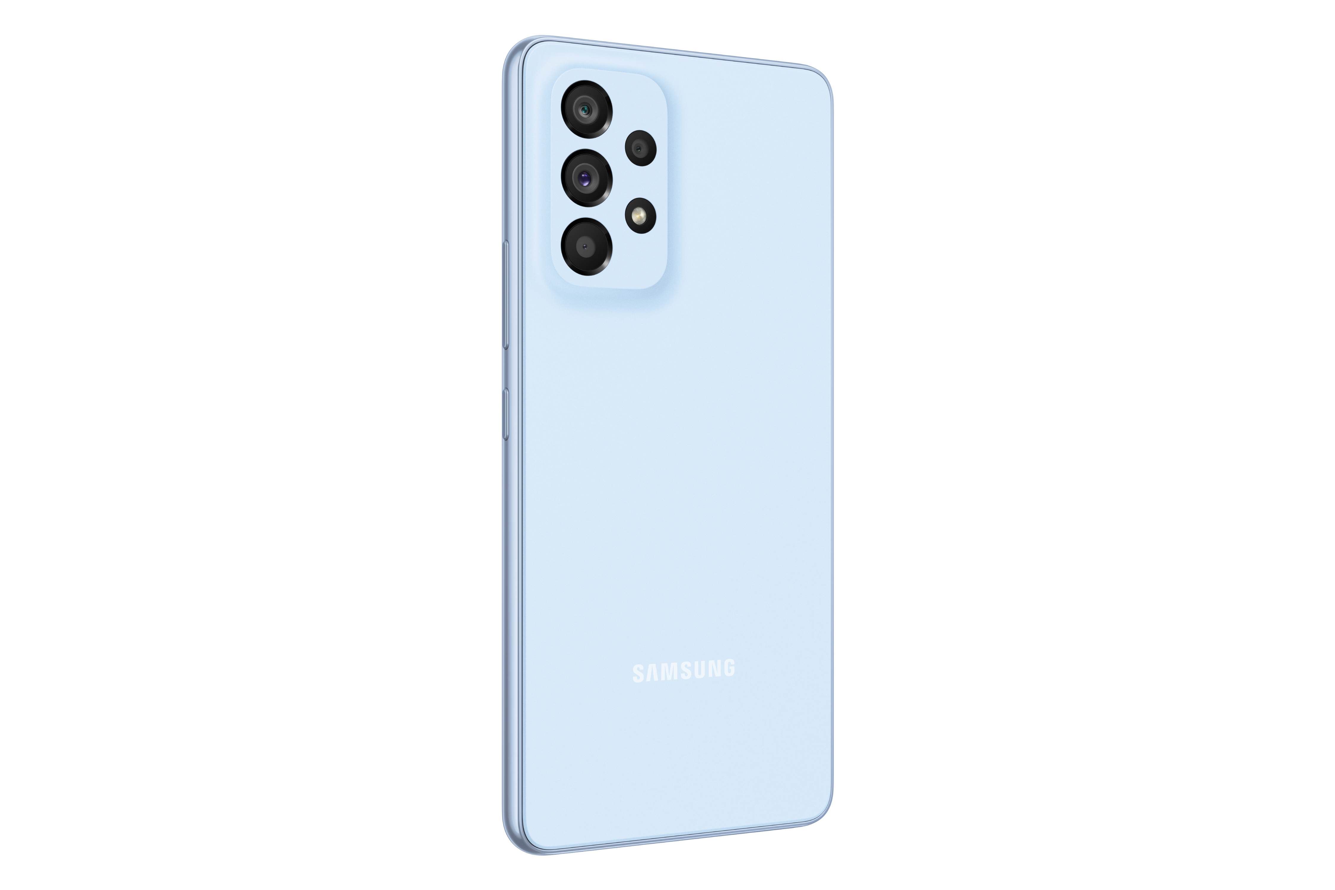Hellblaues Telefon hinten. Drei Kameras, Samsung-Logo, weißer Hintergrund.