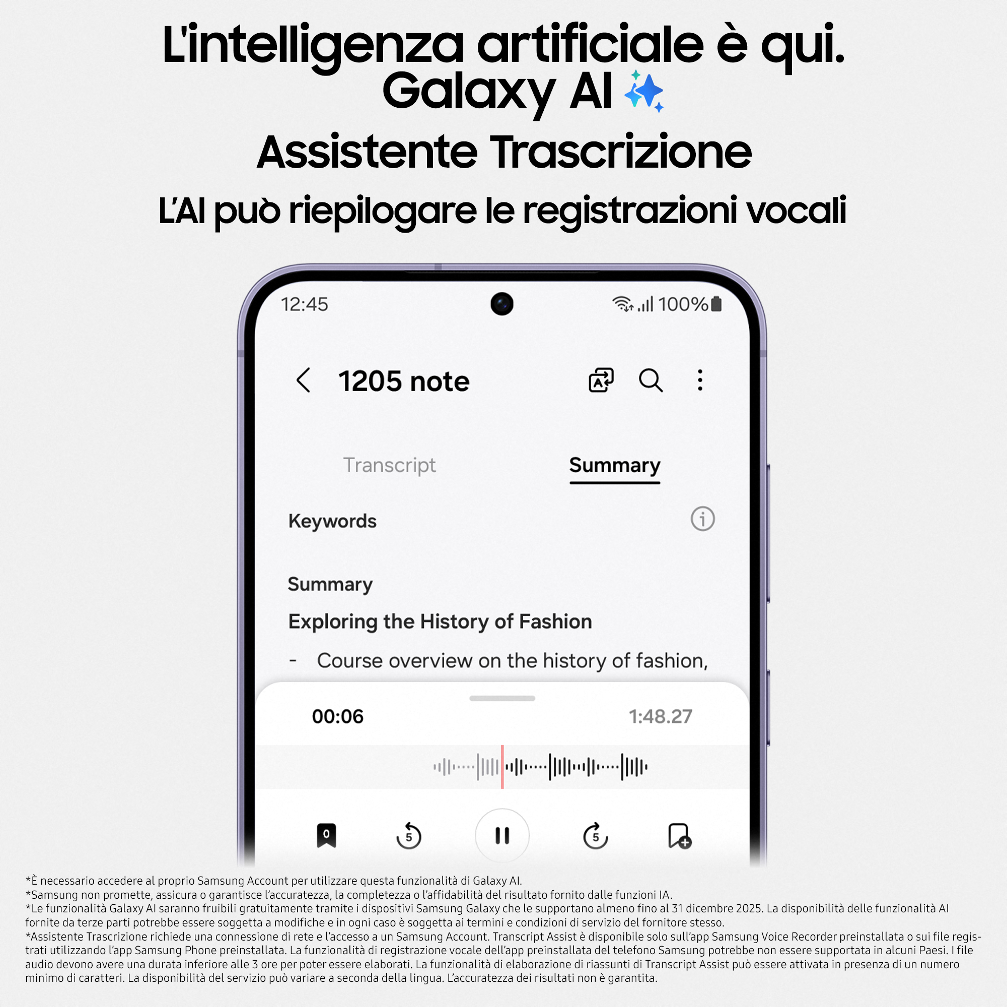 Ekran smartfona z podsumowaniem transkrypcji z Galaxy AI, opis kursu mody.
