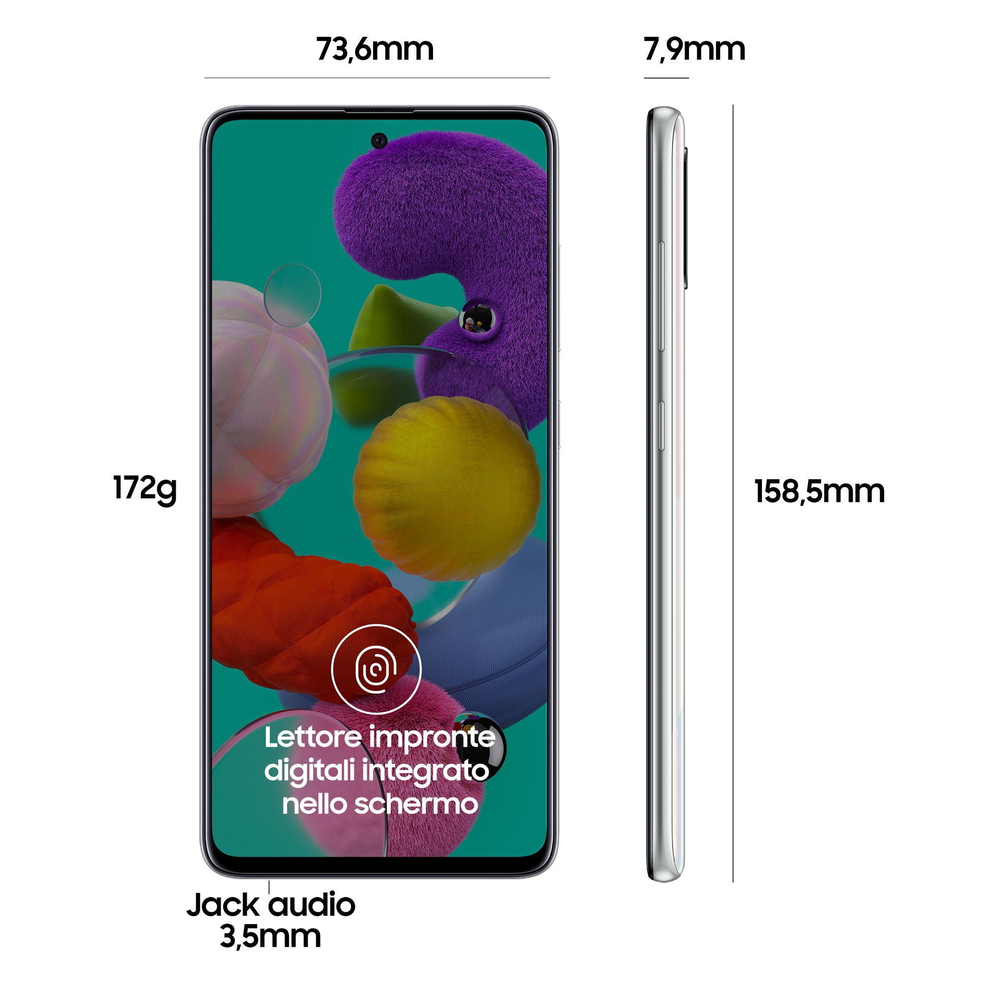 Un teléfono con dimensiones etiquetadas. La pantalla muestra una imagen abstracta colorida.