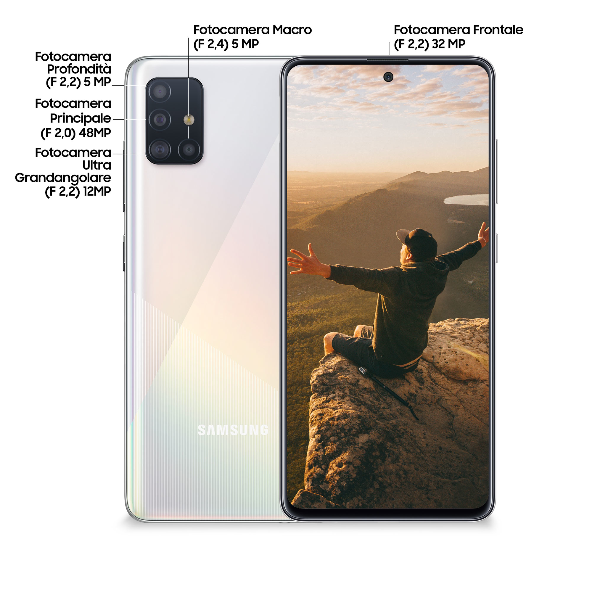 Teléfono blanco con vista trasera mostrando múltiples cámaras y pantalla frontal con paisaje.
