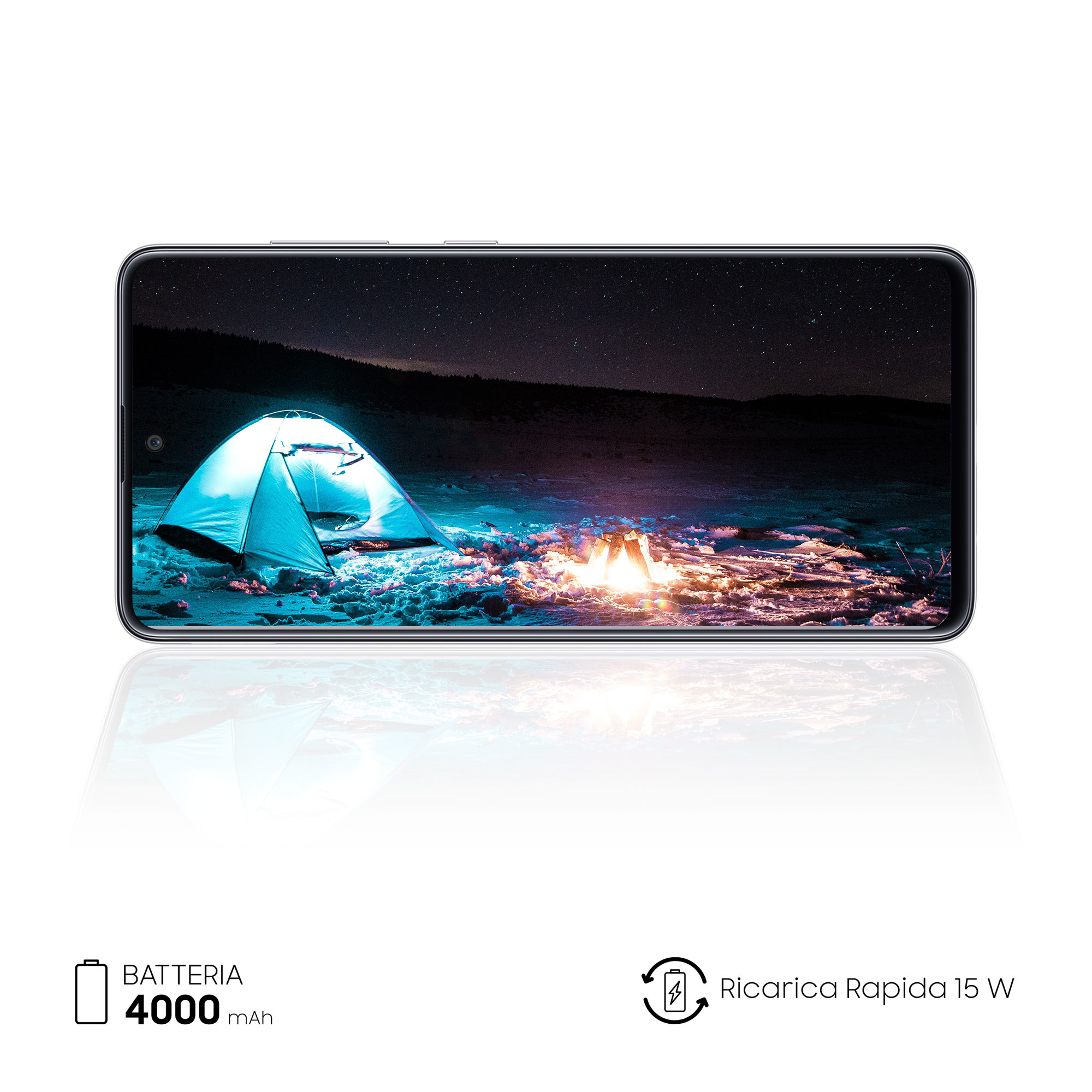 Pantalla teléfono muestra tienda iluminada de noche con fogata.