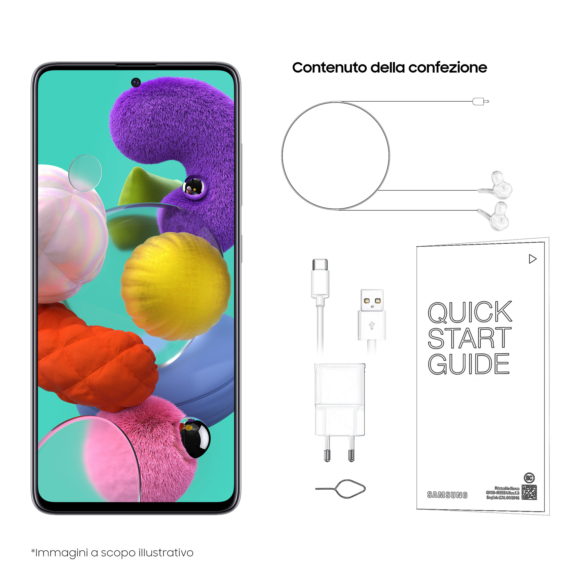 Contenido del teléfono Samsung: teléfono, cargador, cable USB-C, auriculares, eyector de SIM y guía de inicio rápido. Todos los elementos.