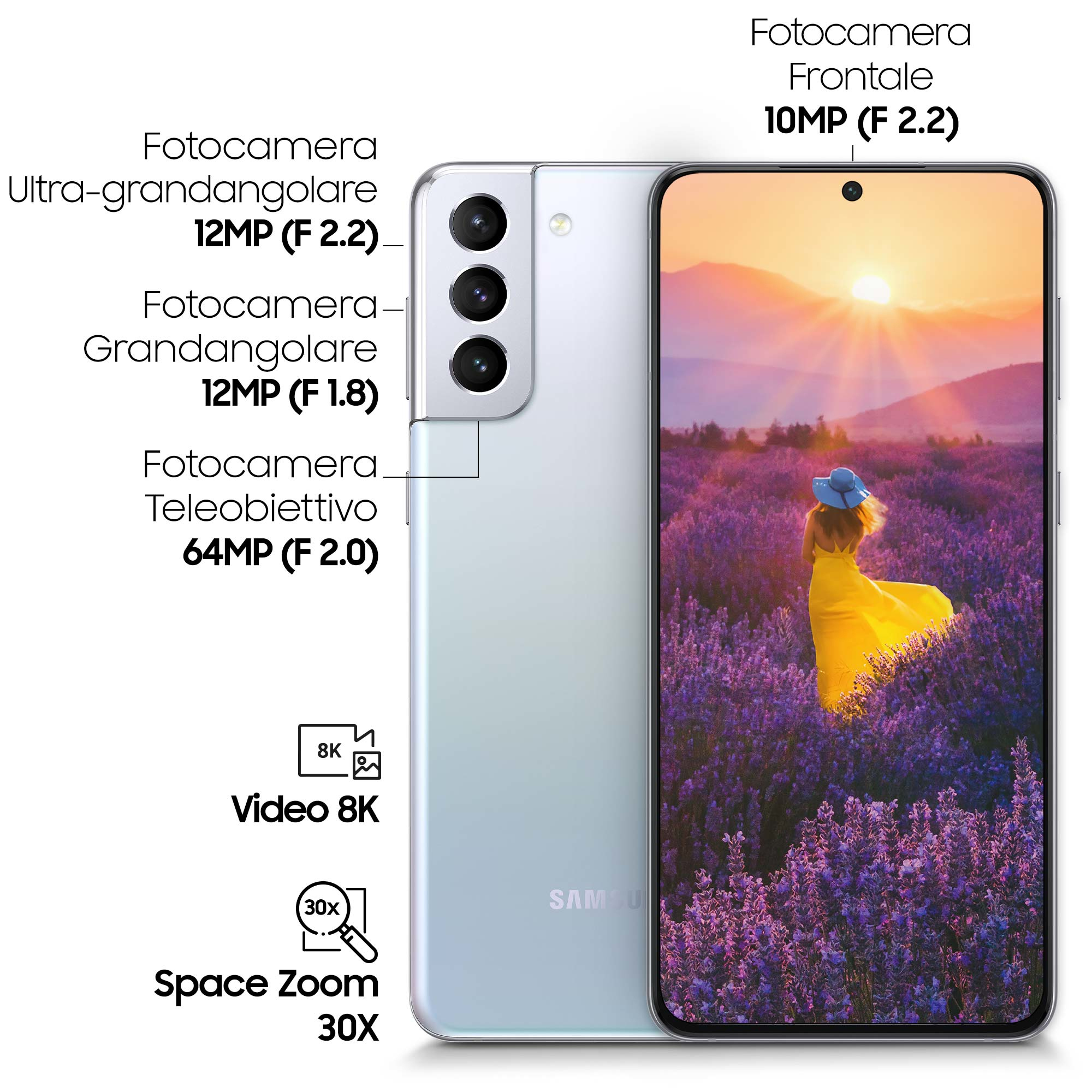 Smartfon pokazuje tył i ekran. Tył ma kamery i tekst. Ekran pokazuje kobietę na polu lawendy.