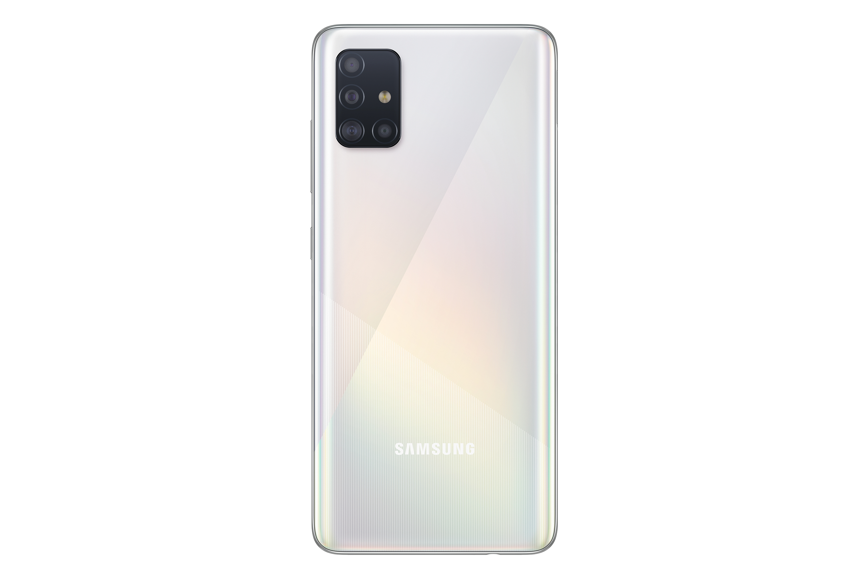 Parte trasera de smartphone blanca con múltiples cámaras y el logo de Samsung. Fondo blanco.