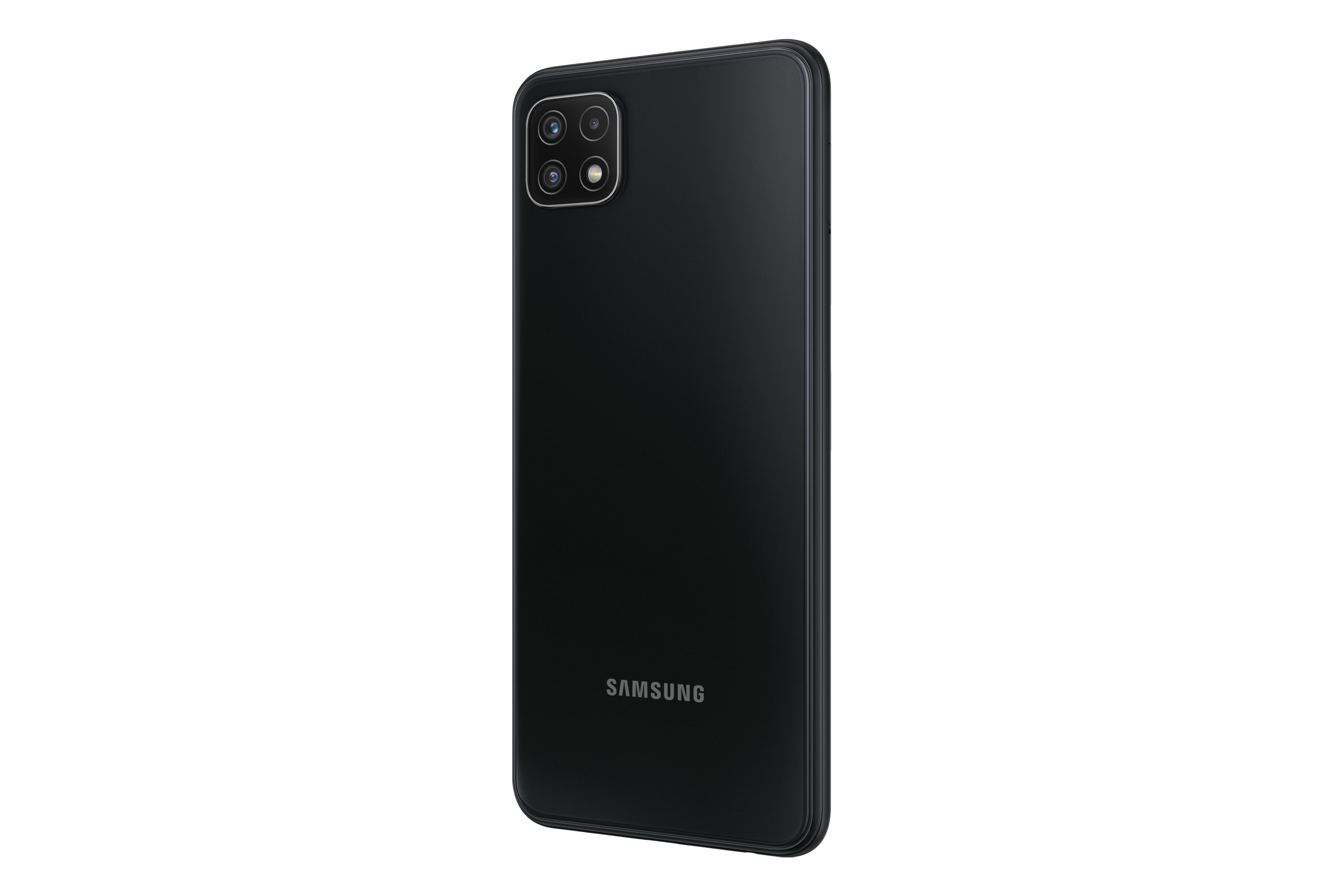 Teléfono Samsung negro, vista trasera, con conjunto de cámaras y logotipo. Fondo blanco.