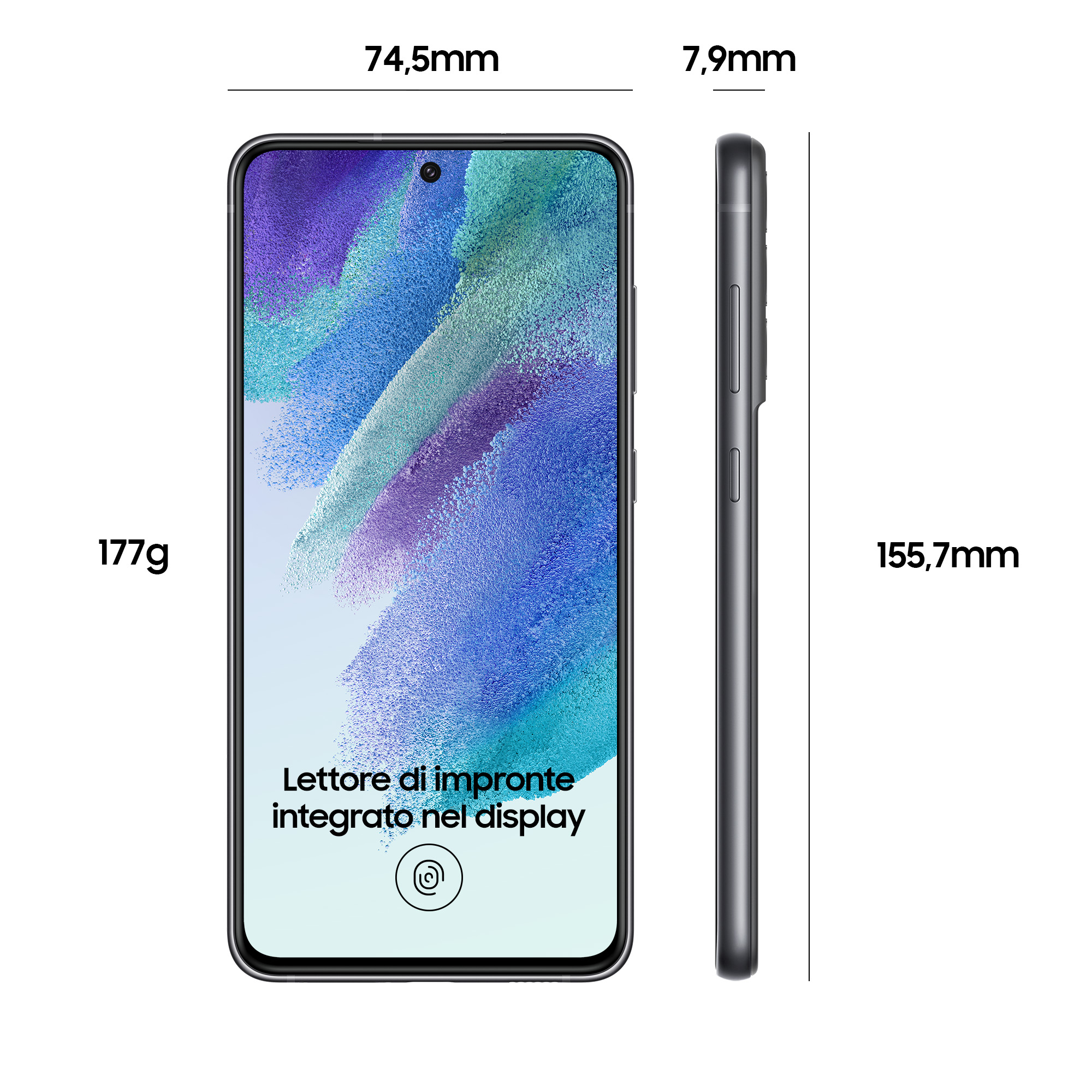 Smartfon z wymiarami: 155,7 mm wysokości, 74,5 mm szerokości i 7,9 mm grubości.