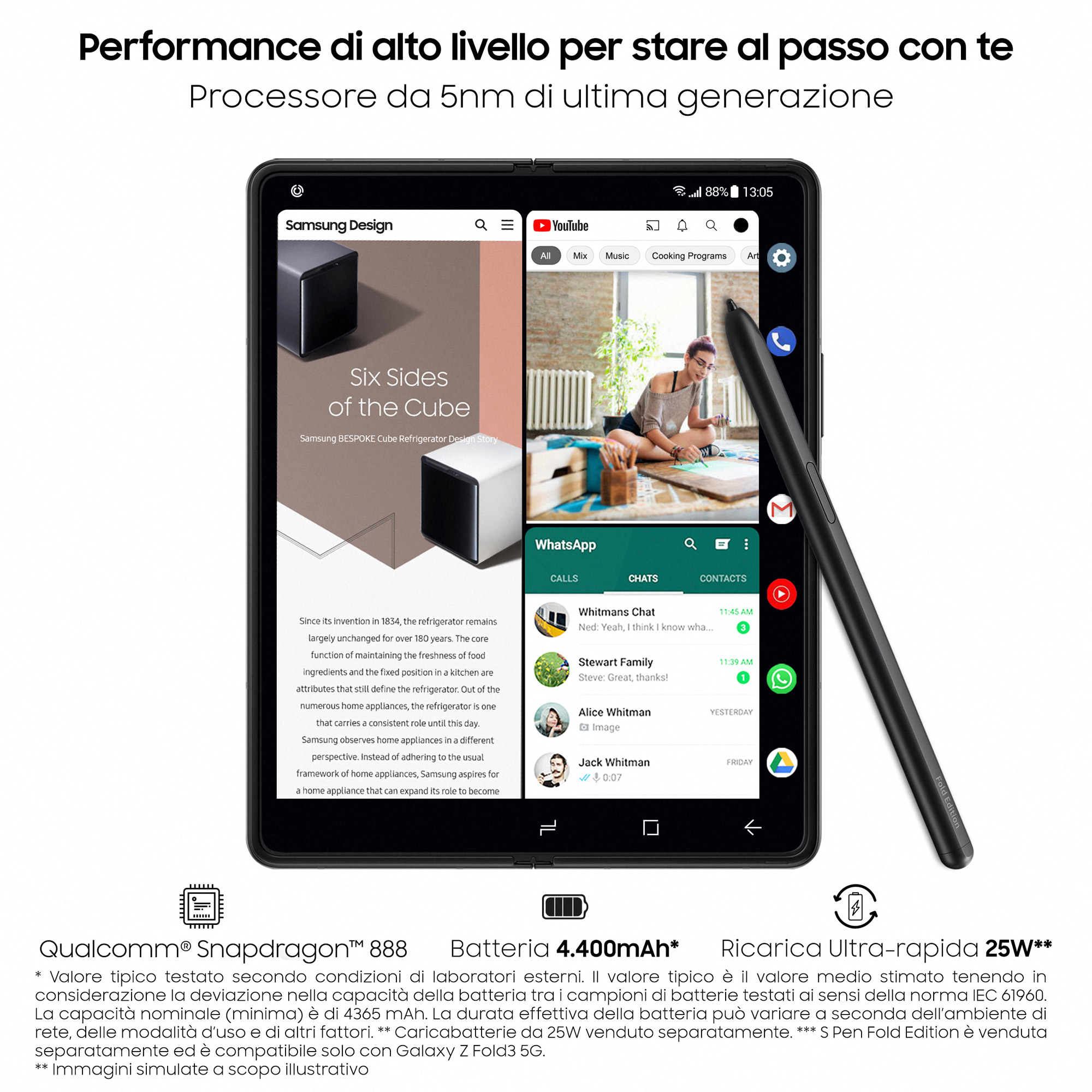 Geöffnetes Samsung-Telefon mit App-Bildschirm, daneben ein Stift.