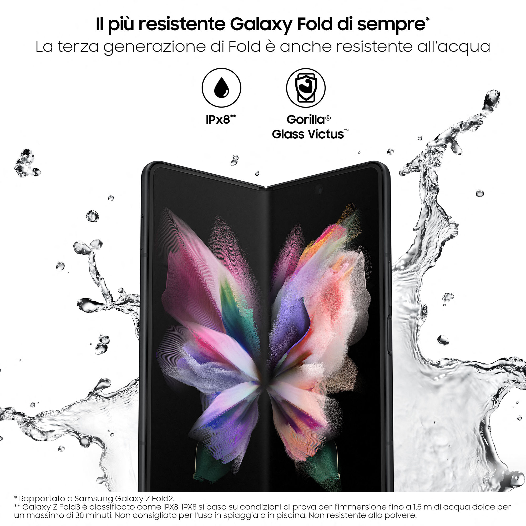 Faltbares Smartphone mit Wasserspritzer. Text erwähnt IPX8-Bewertung und Gorilla Glass.
