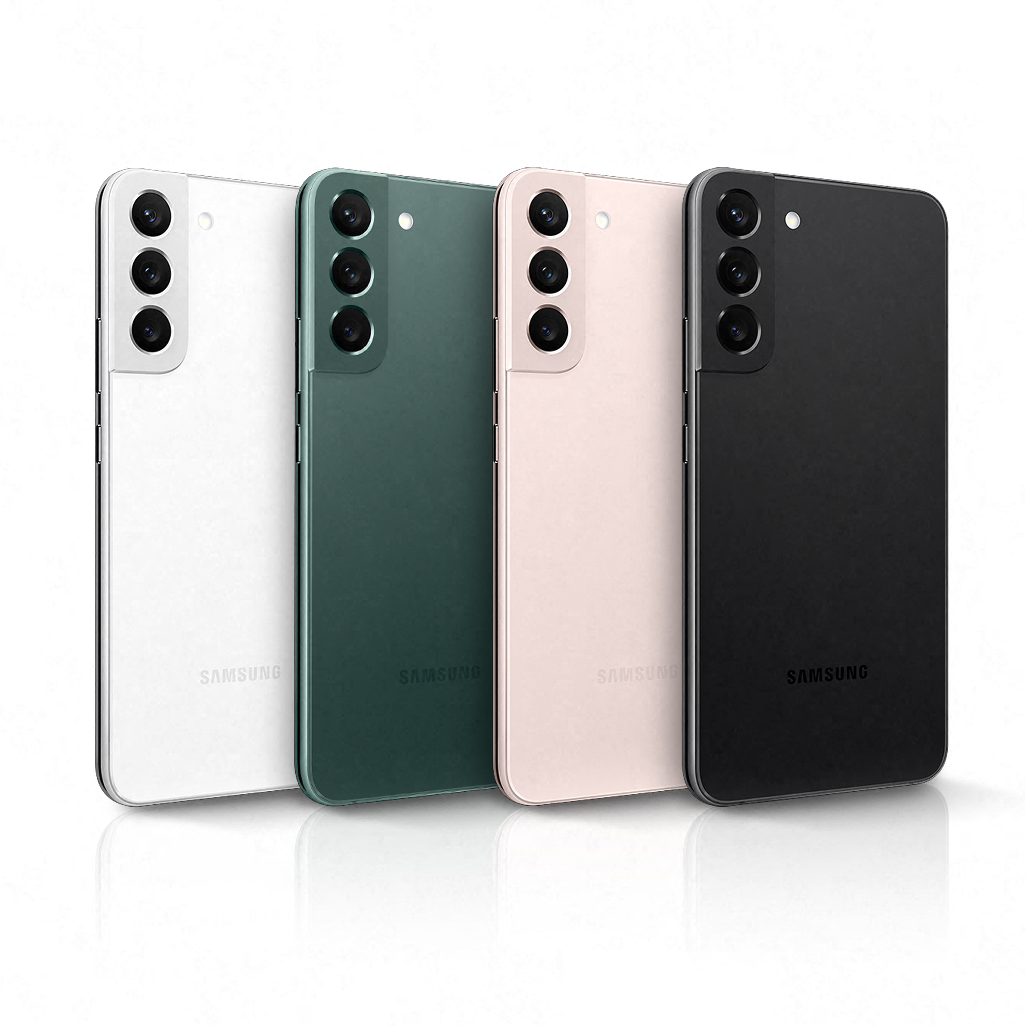 Vier kleurrijke telefoons: wit, groen, roze en zwart.