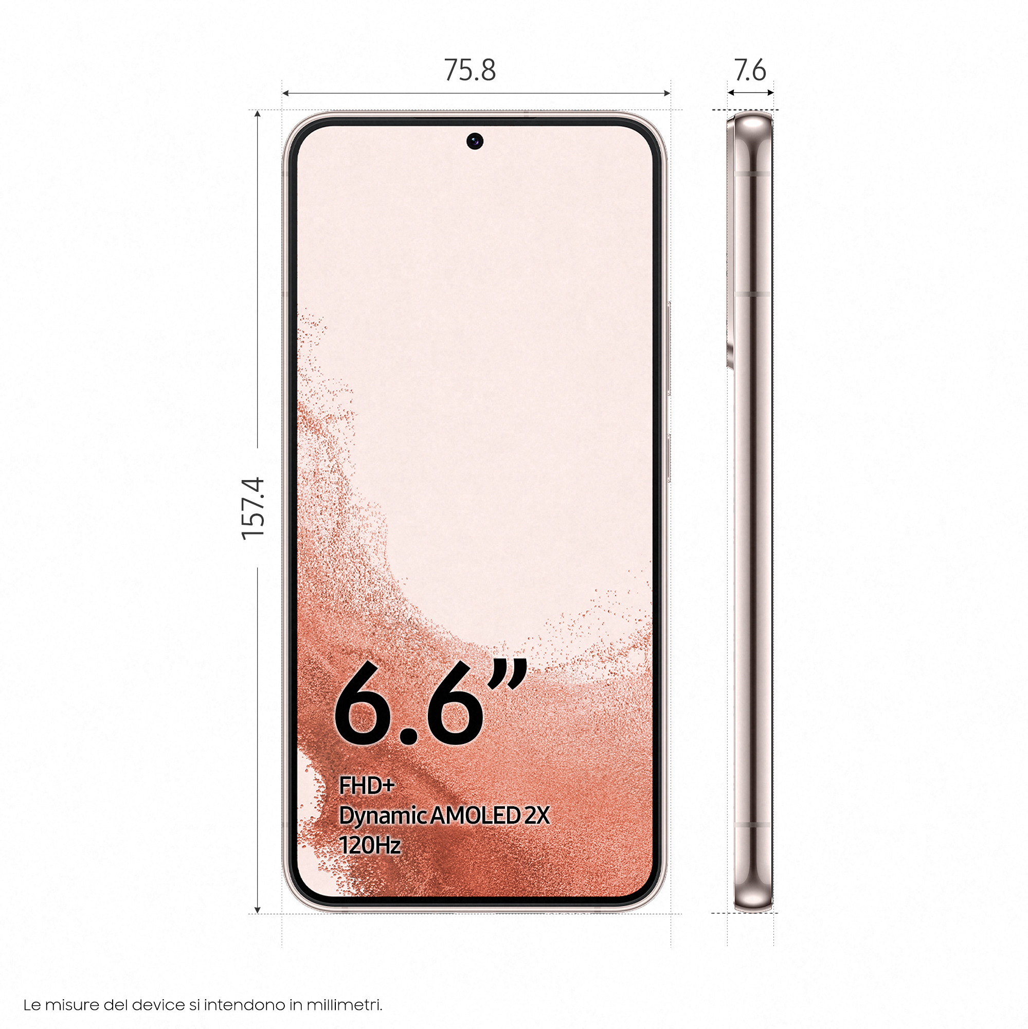 Een telefoon met een witte achterkant en een zwarte voorkant met een 6,6" scherm.
