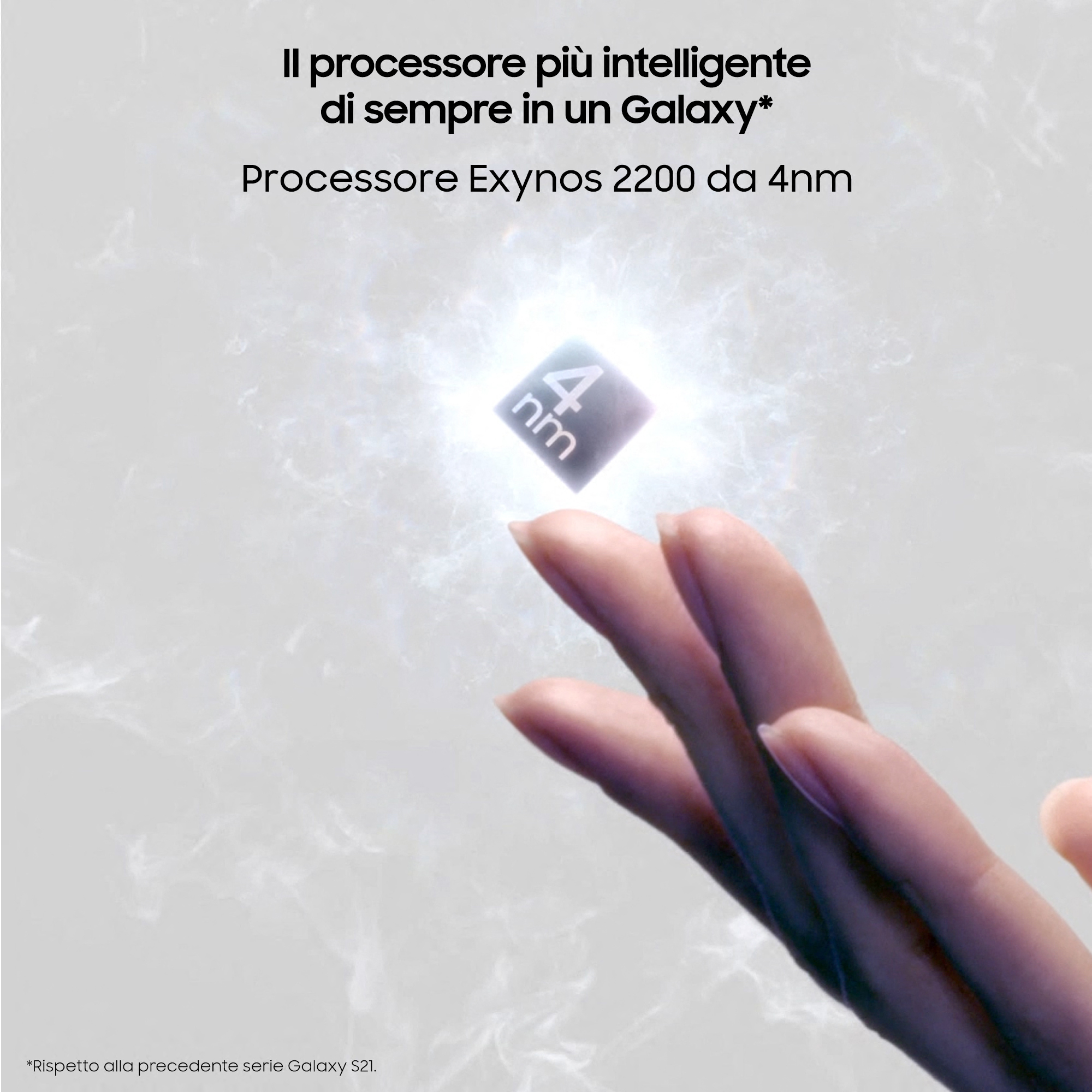 Hand die een 4nm-chip vasthoudt, tekst: "Il processore più intelligente di sempre in un Galaxy".