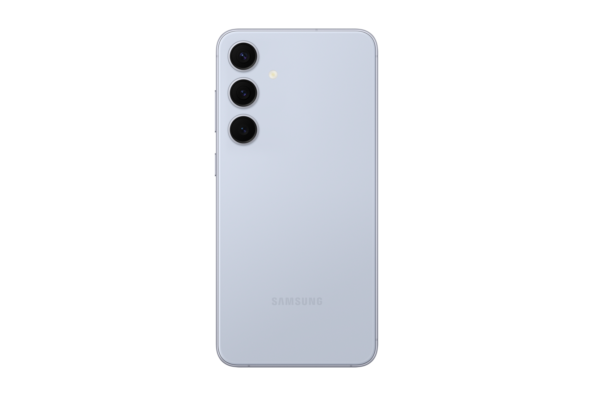 De achterkant van een smartphone met drie cameralenzen in een lichtblauwe kleur.