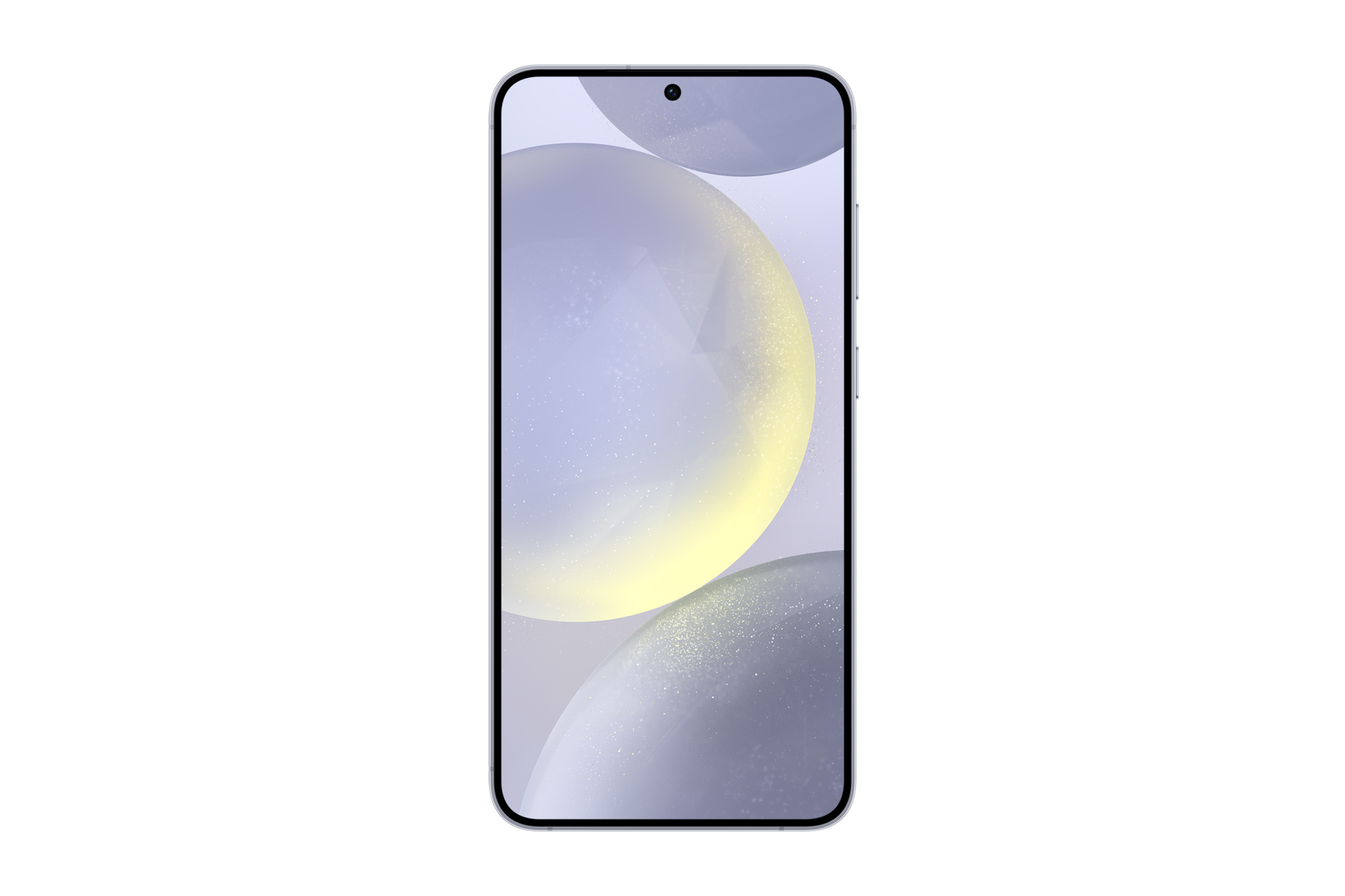 Smartphone met een scherm dat grijze en gele bollen toont op een witte achtergrond.
