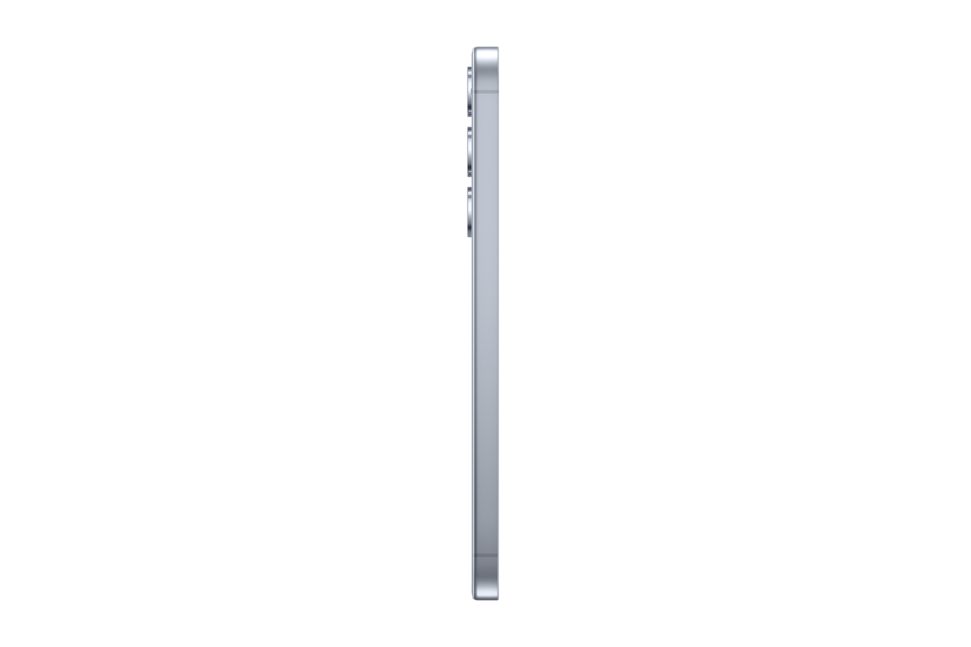 Zijaanzicht van een zilverkleurige smartphone. De telefoon staat op een witte achtergrond.