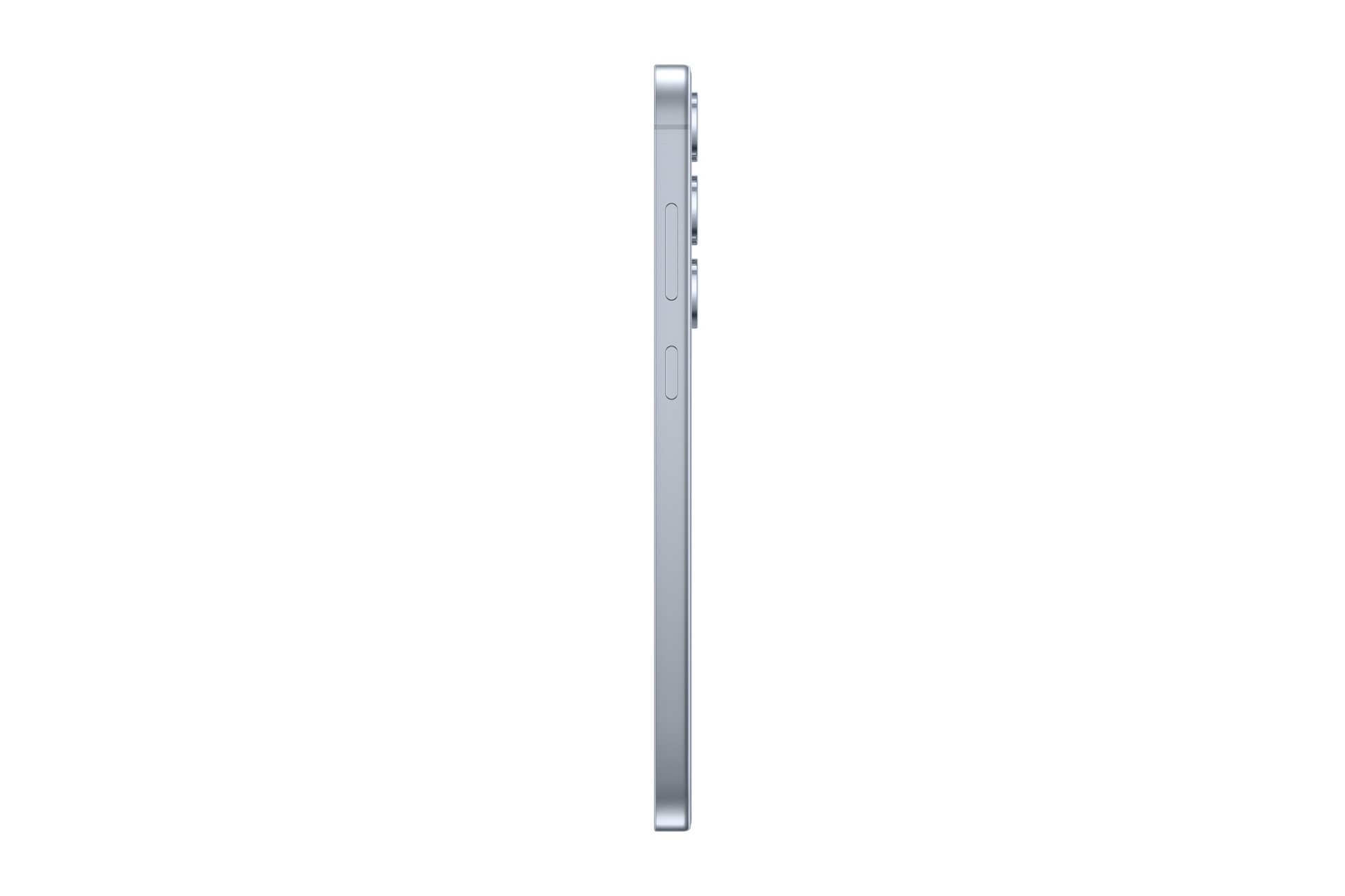 Zijaanzicht van een lichtblauwe smartphone met volume- en aan/uit-knoppen. Witte achtergrond.