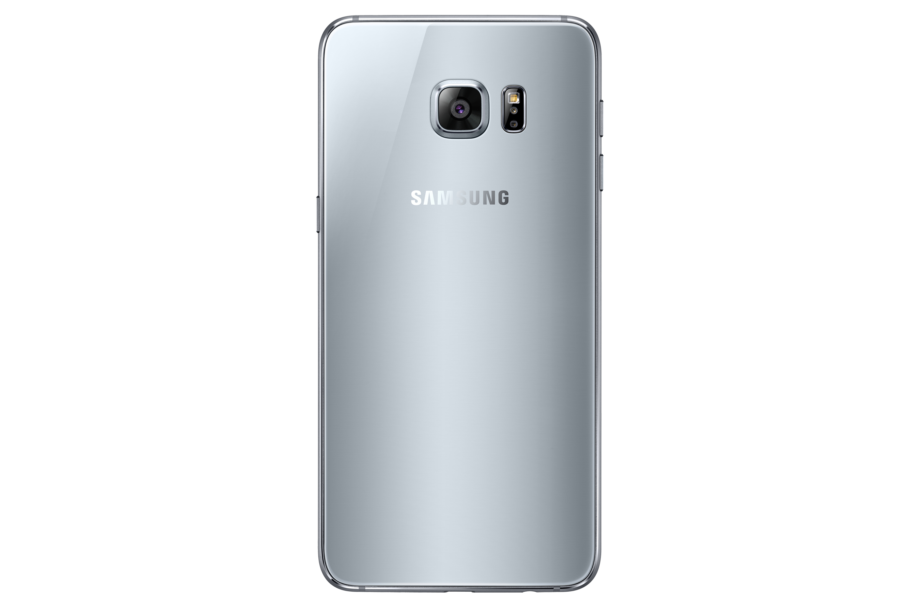 Telefono argentato. Vista posteriore con una singola fotocamera e il logo Samsung.