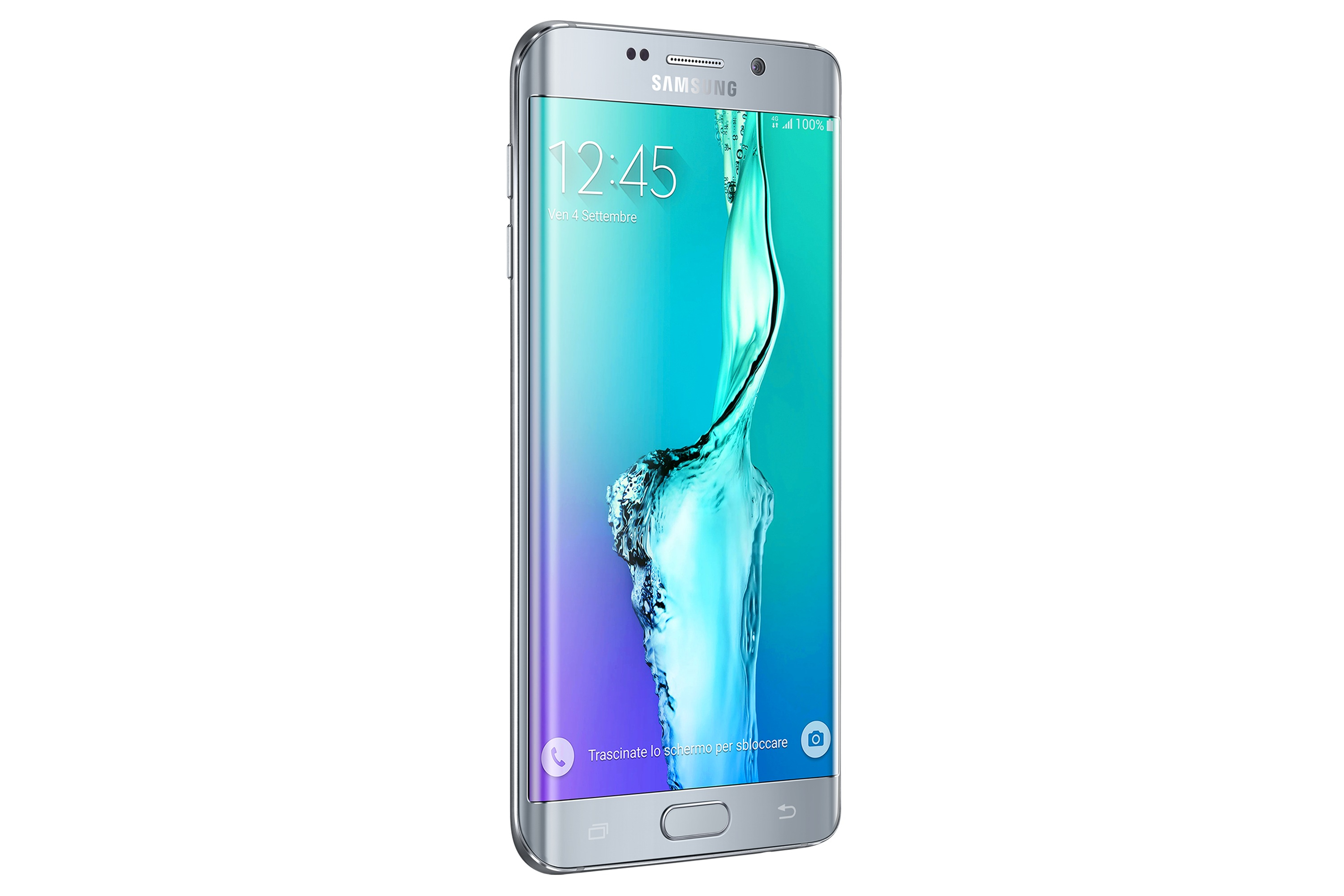 Smartphone argento con schermo curvo, con sfumatura blu. Sfondo bianco.