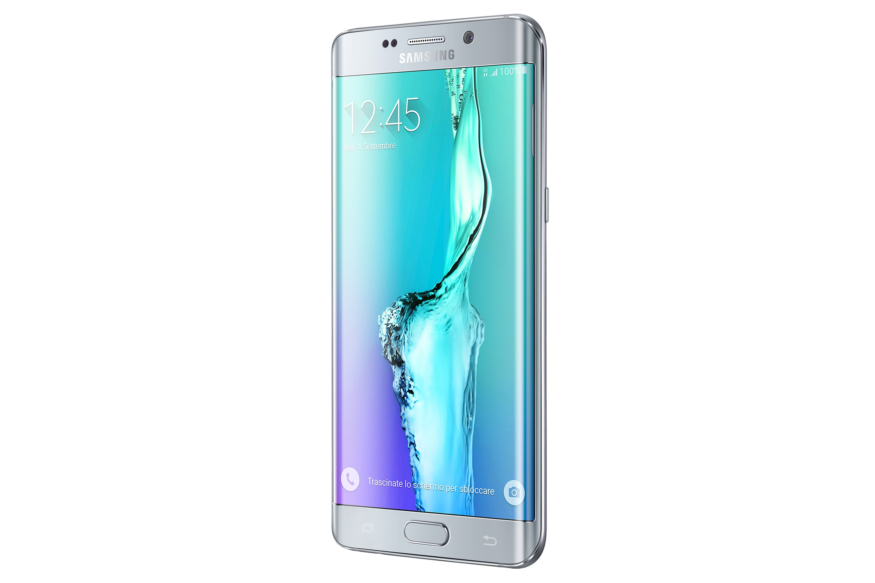 Telefono Samsung argento, schermo che mostra ora e data, vista angolata, sfondo bianco.
