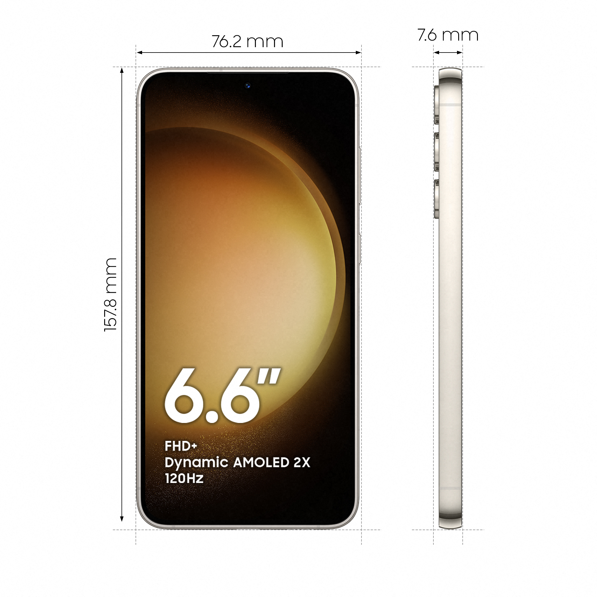 Smartfon z tekstem na ekranie i wymiarami na białym tle.