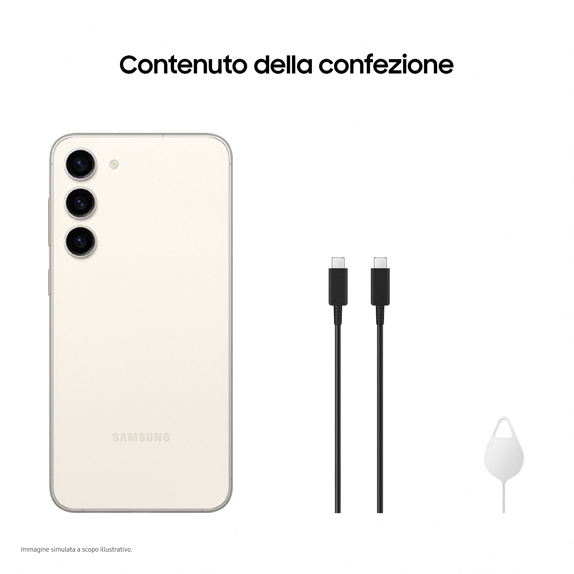 Telefon i akcesoria. Telefon jest kremowy, są dwa kable USB-C i wysuwacz SIM.